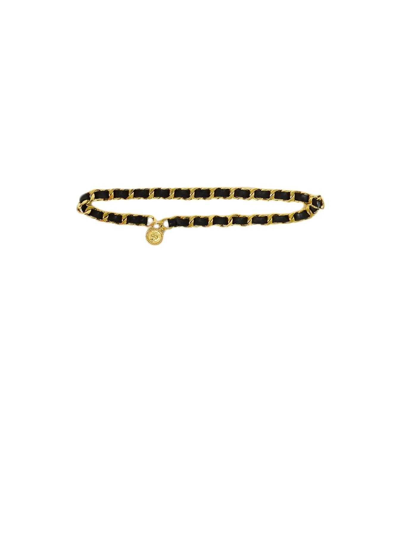 Chanel Black Leather Laced Goldtone Chainlink Belt With Cc Medallion 34" Bag