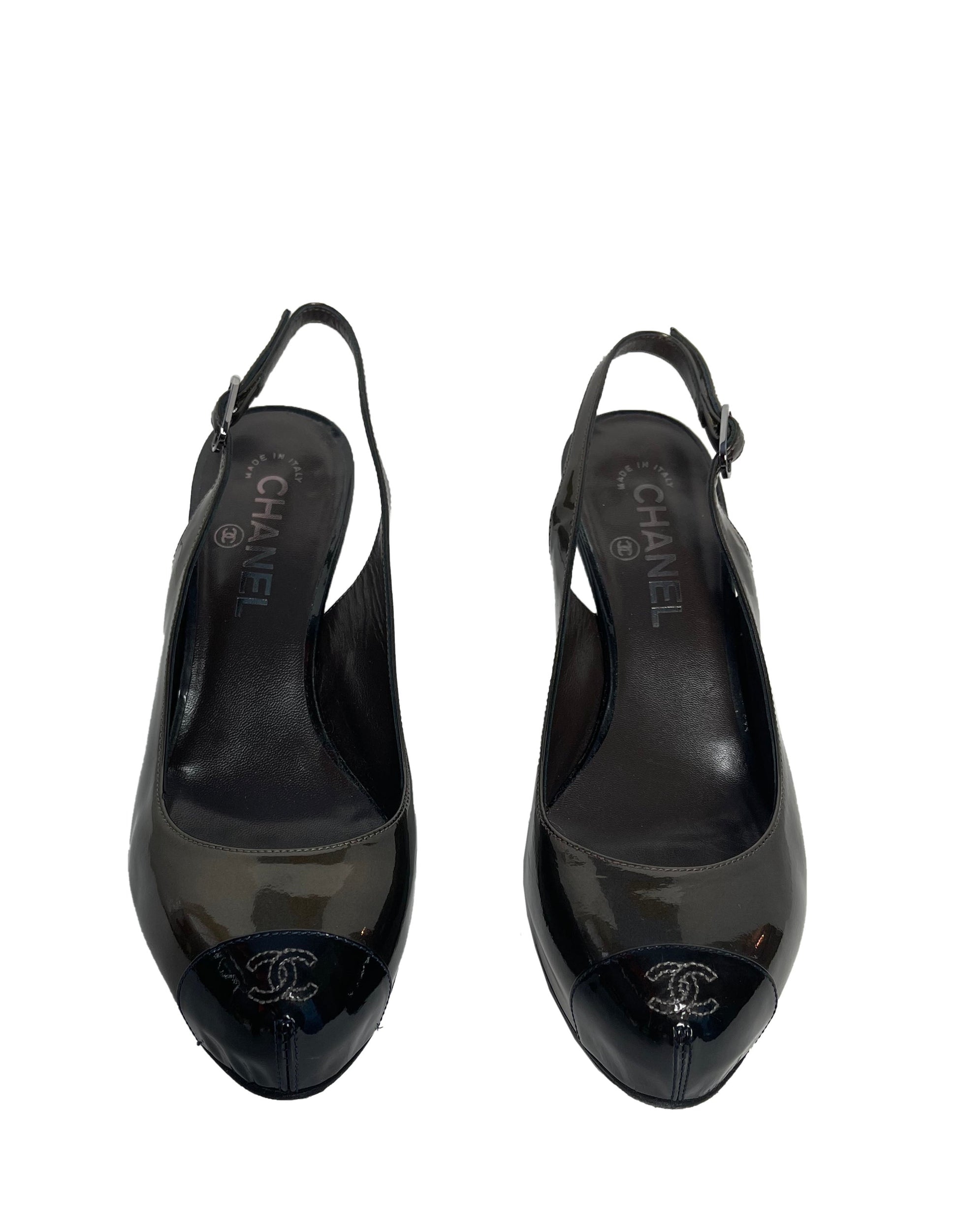Chanel Bronze Patent Leather CC Captoe Metallic Slingbacks Sz 38 Women Shoes