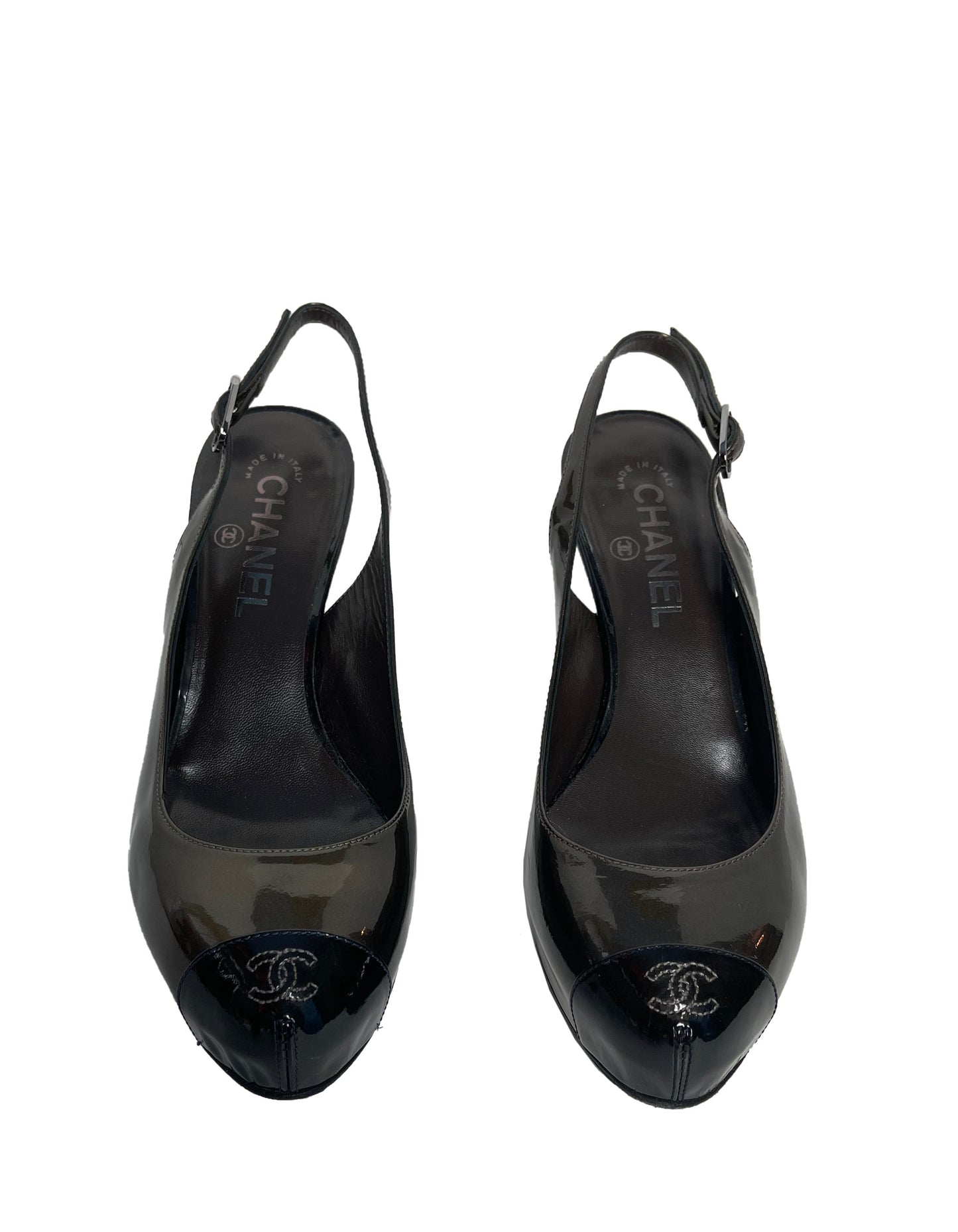 Chanel Bronze Patent Leather CC Captoe Metallic Slingbacks sz 38
