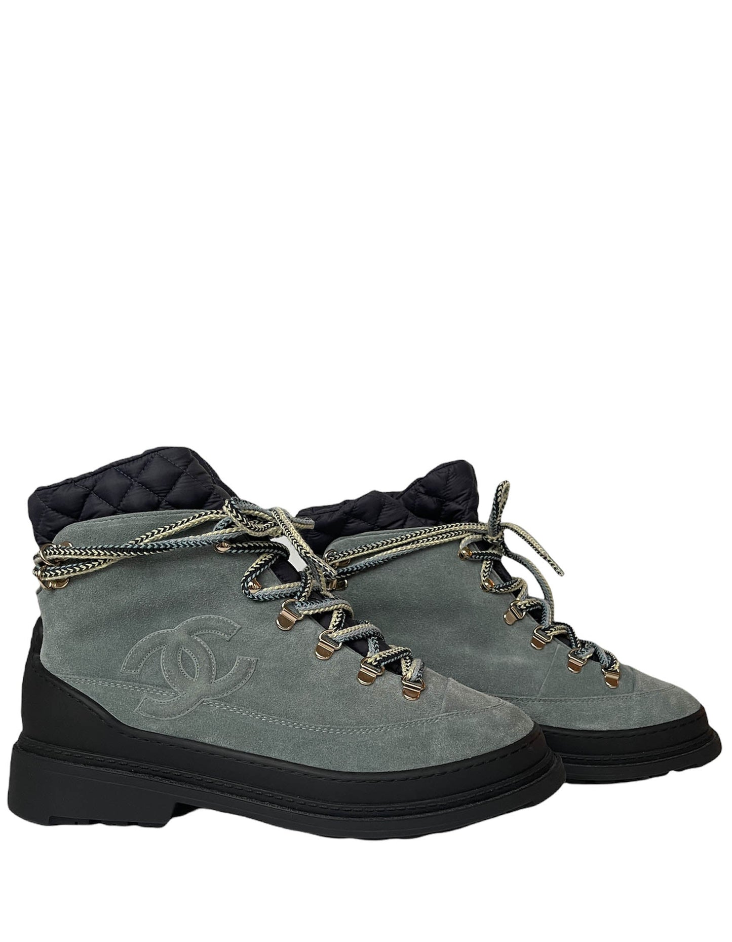Chanel New Slate Blue Suede Logo Lace Up Boots Sz 40