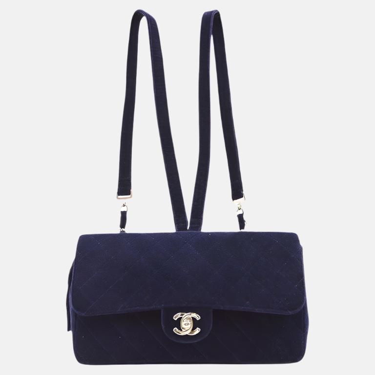 Chanel Navy Velvet Flap Blackpack HW Silver Shoulder Bag