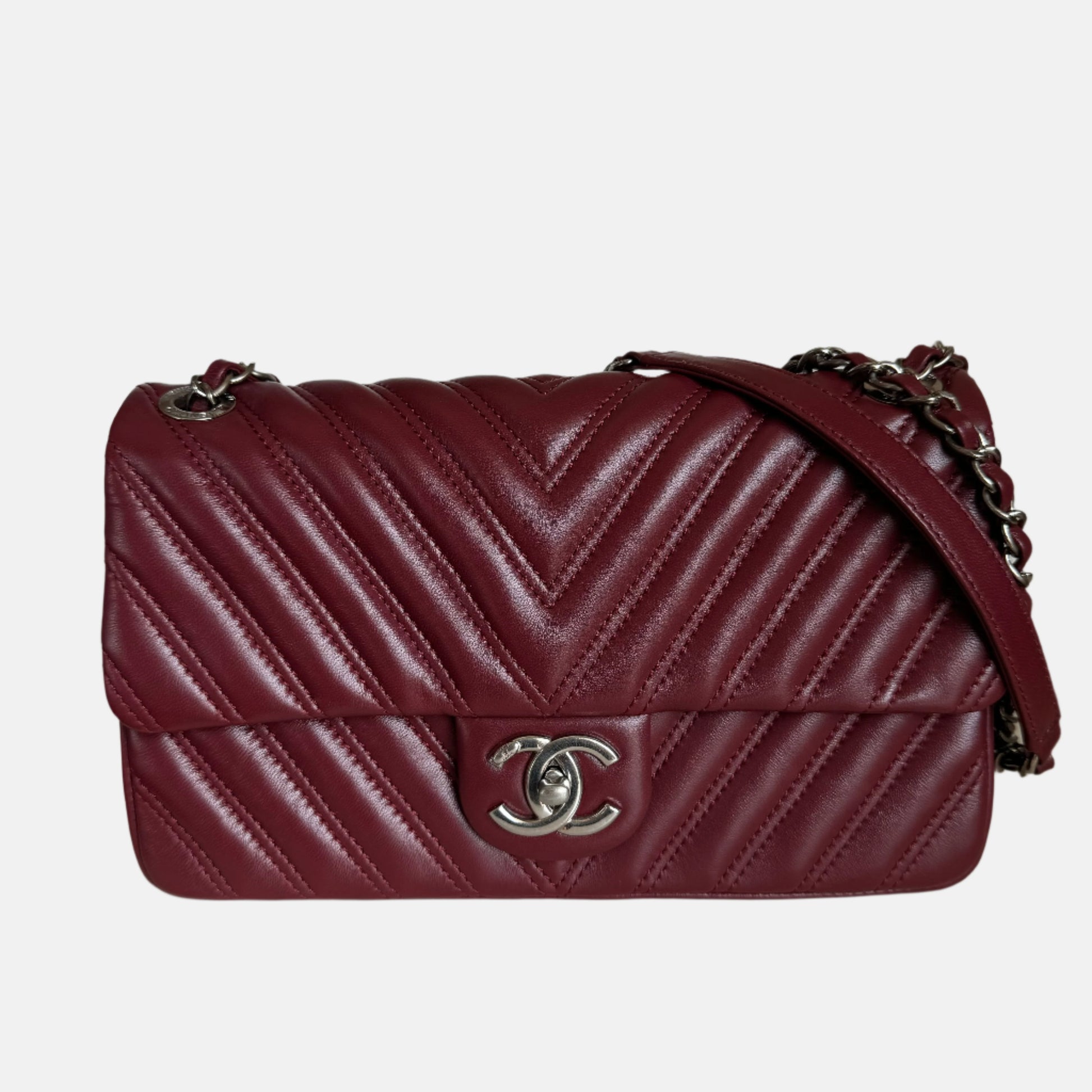 Chanel Classic Flap Chevron Burgundy Quilted Lambskin Leather Handbag