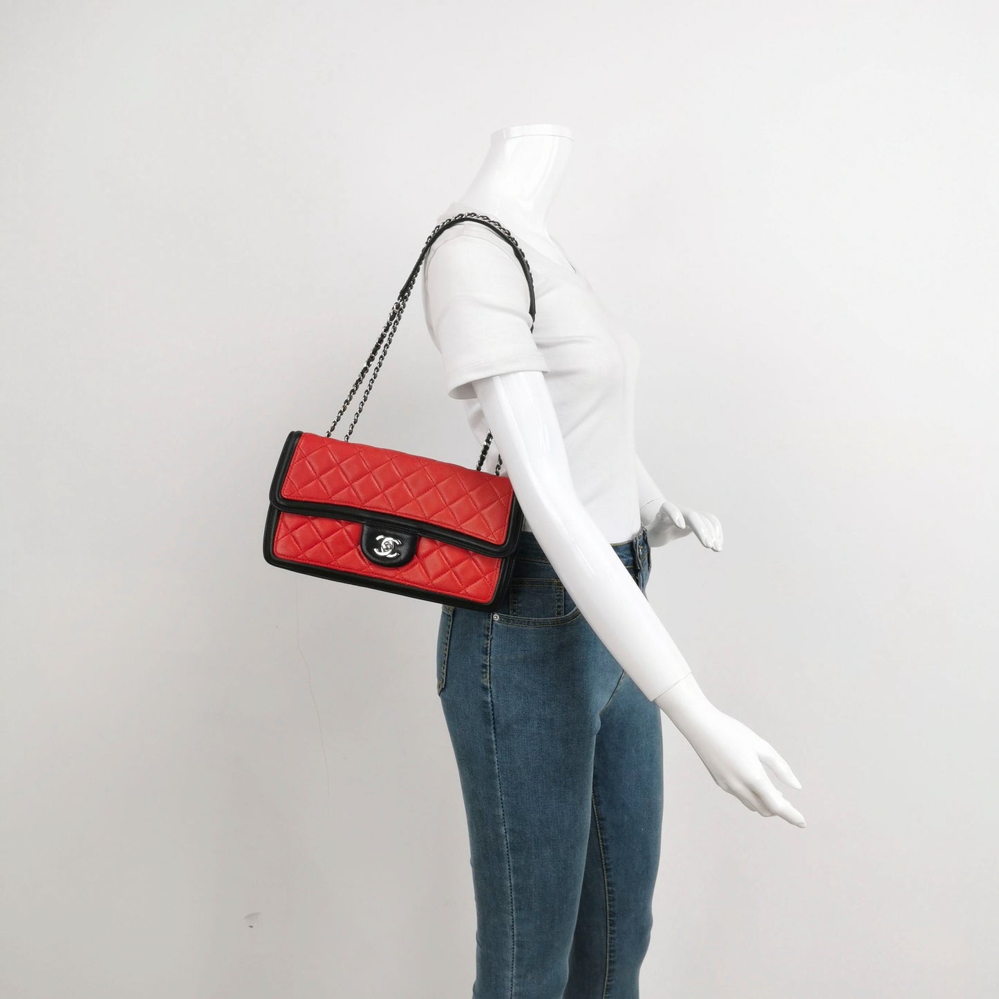 Chanel Baguette Flap Lambskin Double Black Red Silver Shoulder Bag Chain 1