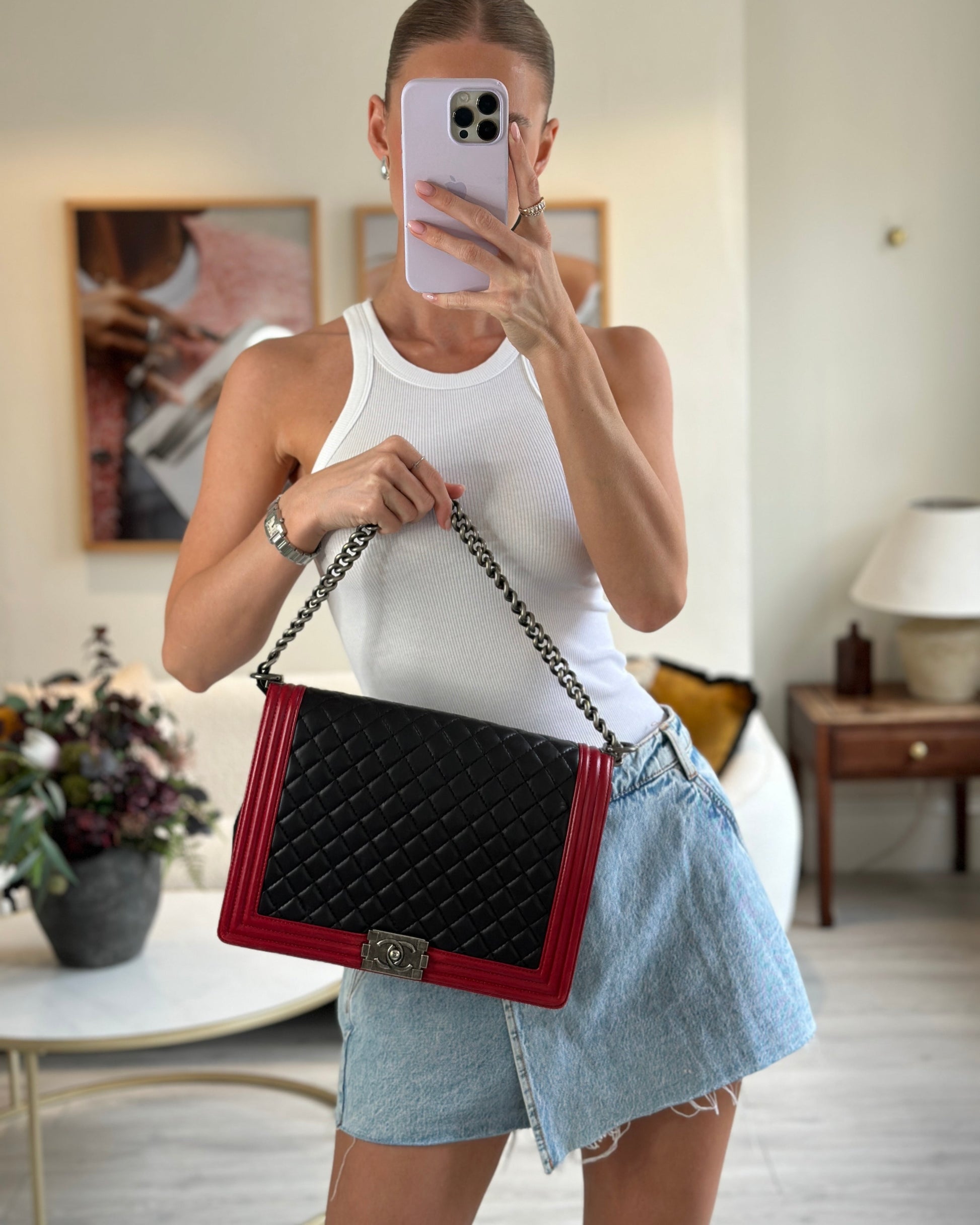 Chanel Black & Red Large Boy Bag In Lambskin Leather With Ruthenium Hardware