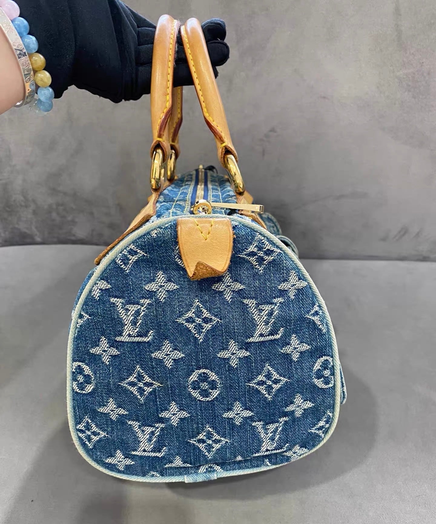 Louis Vuitton Neo Speedy Denim Boston Leather Blue Travel Bag