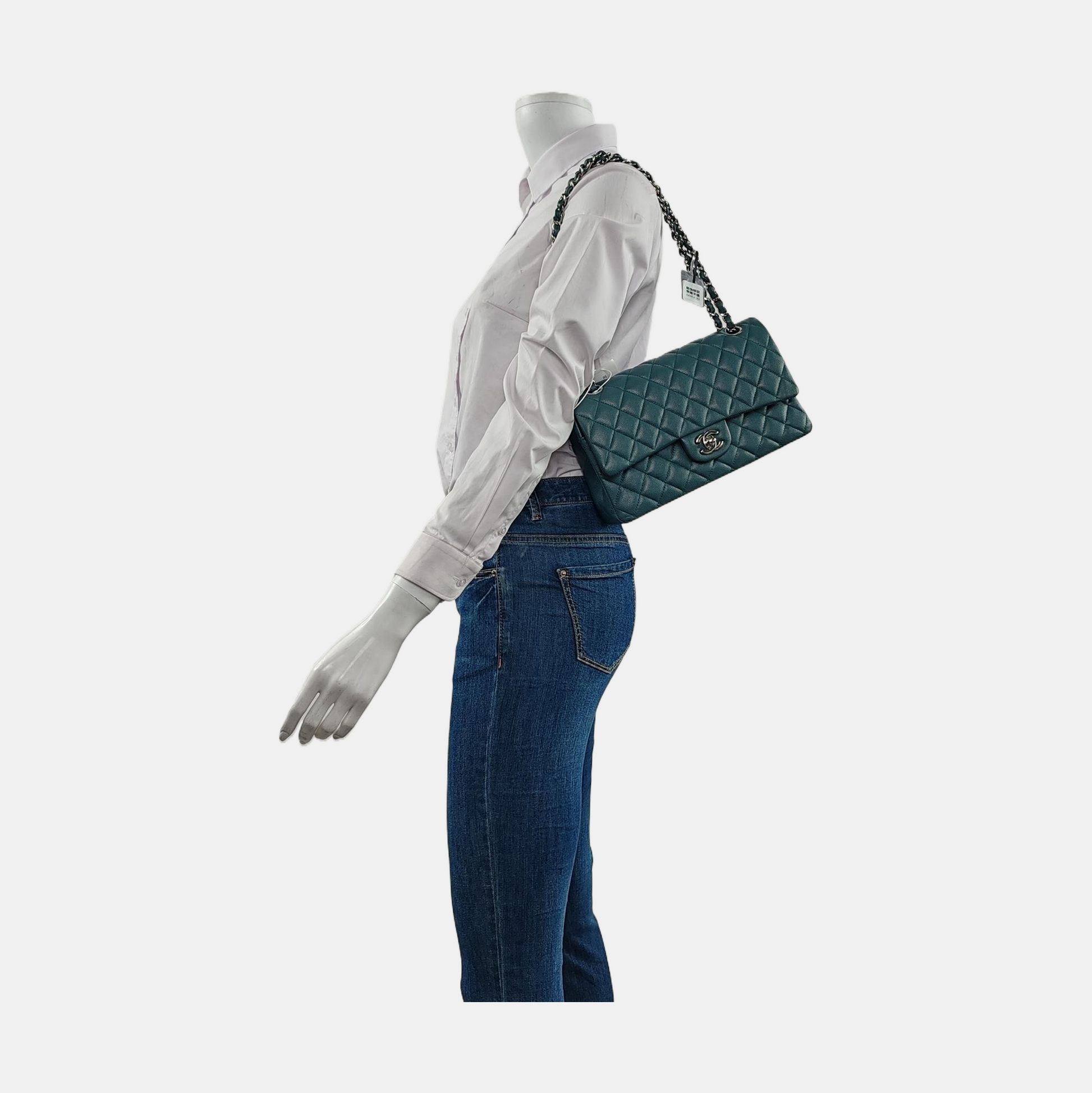 Chanel Classic Flap Teal Caviar Hardware Green Silver Leather Handbag