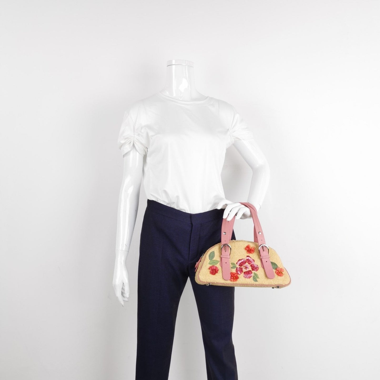 Dior Wicker Boston Bag Floral Embroidery Leather Pink Travel Bag
