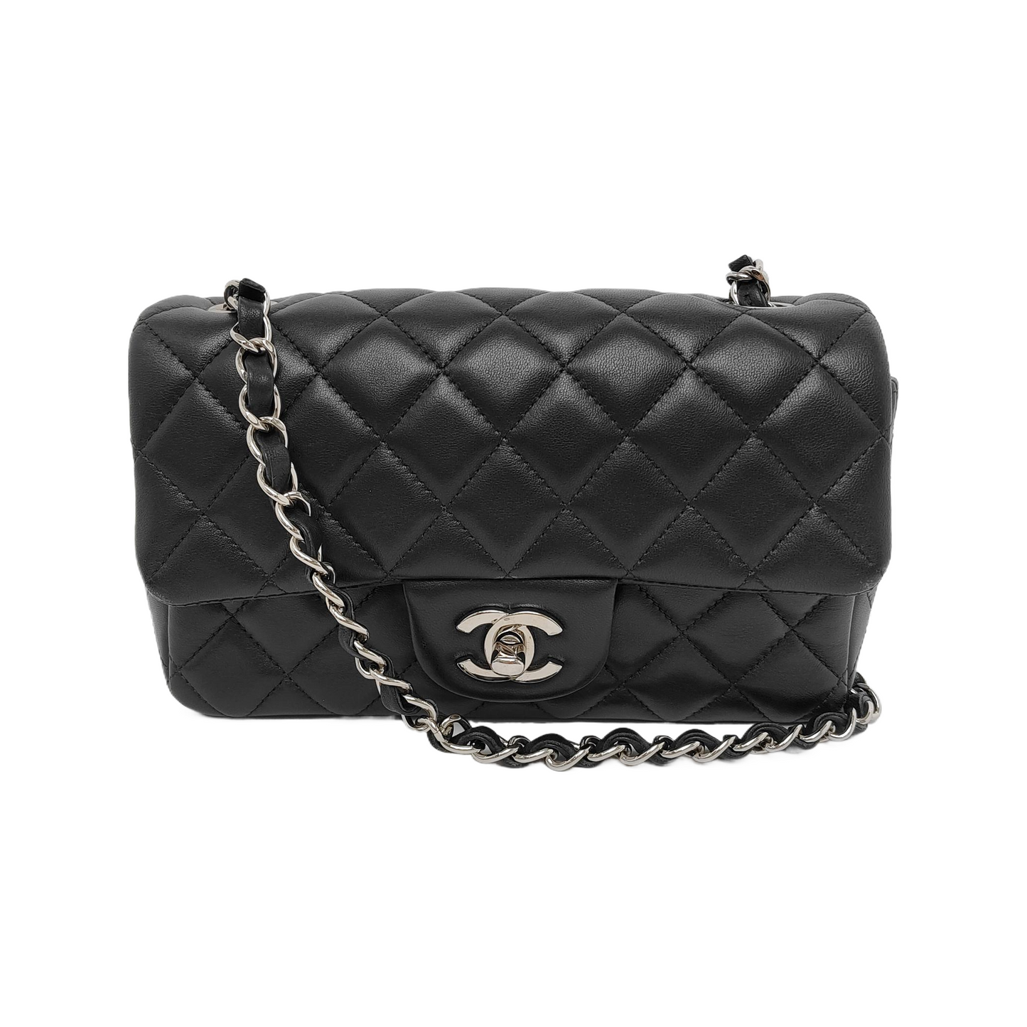 Chanel Classic Flap Rectangular Lambskin Hardware Black Silver Leather Mini Bag