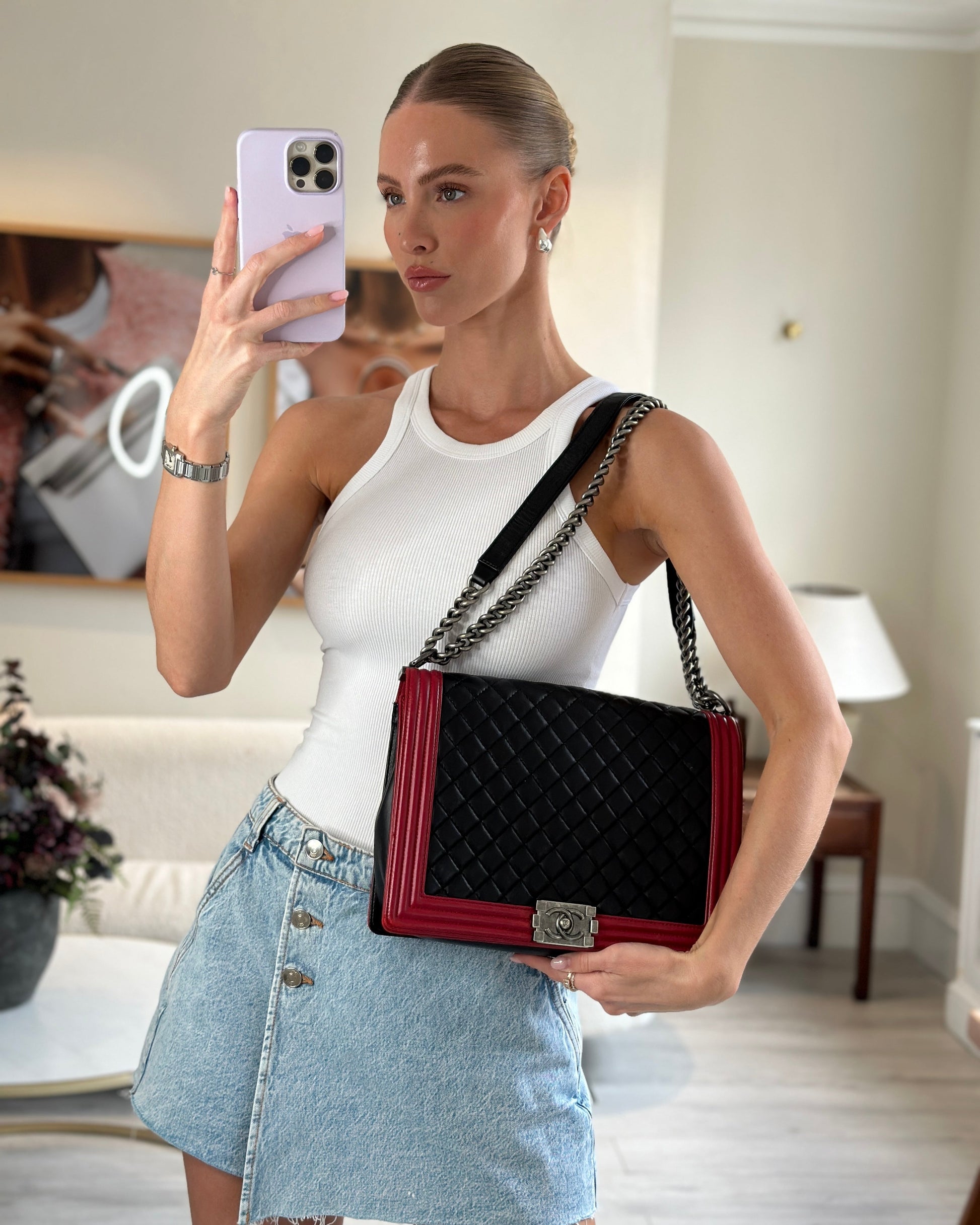 Chanel Black & Red Large Boy Bag In Lambskin Leather With Ruthenium Hardware