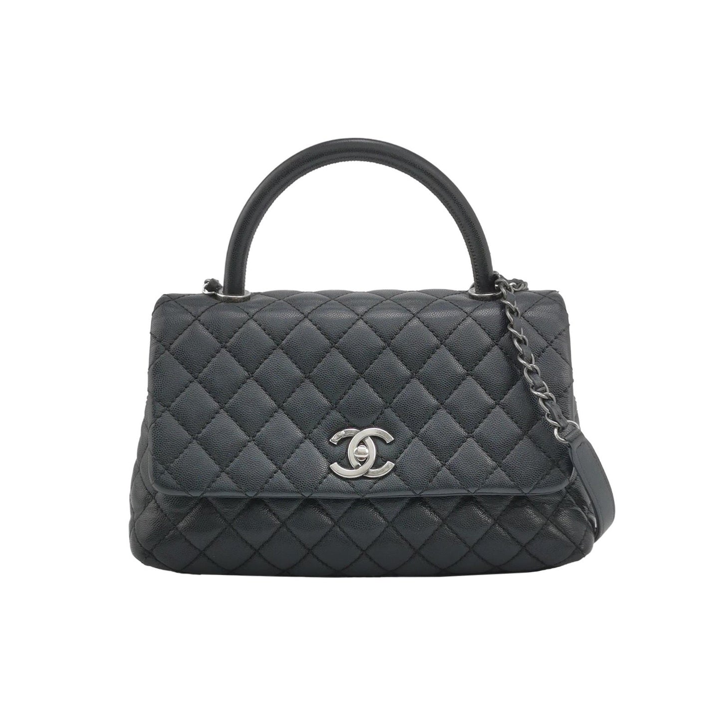 Chanel Coco Handle Caviar Hardware Black Silver Leather Handbag