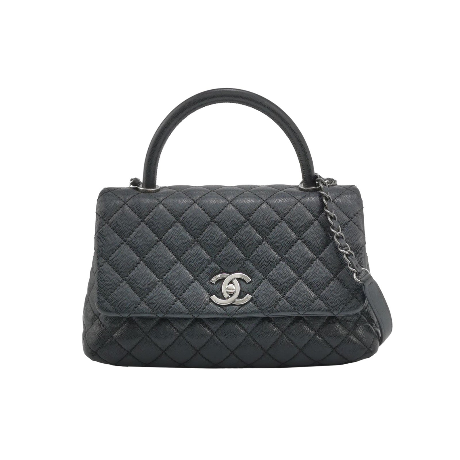 Chanel Coco Handle Caviar Hardware Black Silver Leather Handbag