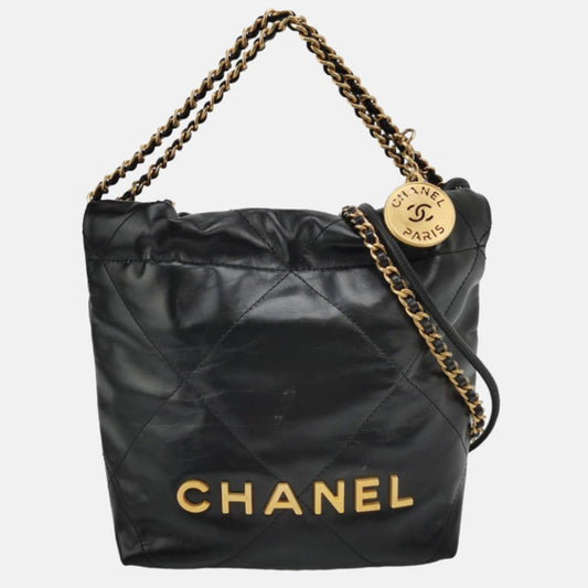 Chanel 22 Hobo Shiny Calfskin -tone Hardware Black Gold Leather Shoulder Bag