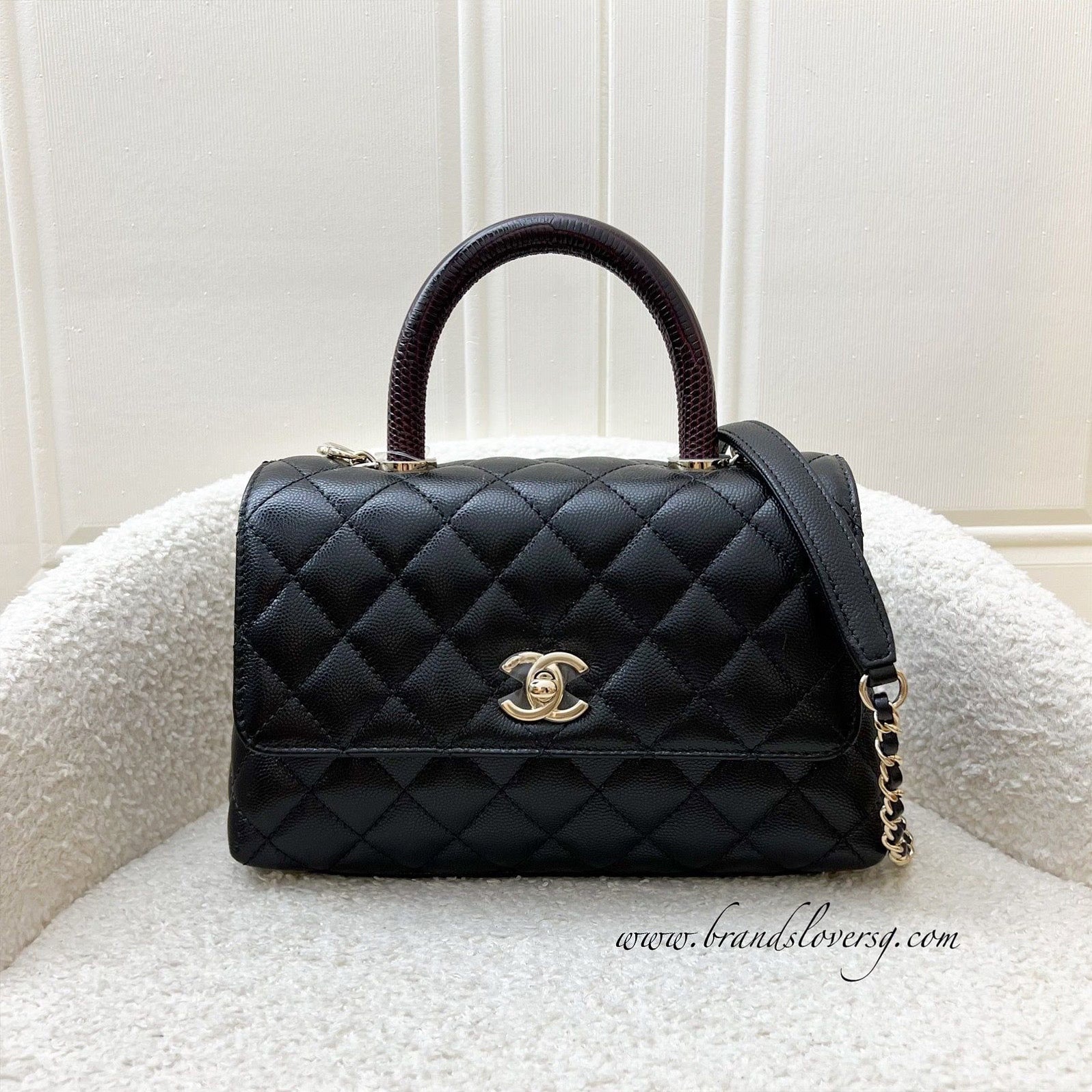 Chanel Small (24CM) Coco Handle in Black Caviar,burgundy Lizard Embossed Calfskin Handle and Lghw ( ) Handbag