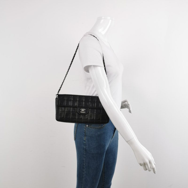 Chanel East West Chocolate Bar Hardware Black Silver Leather Handbag