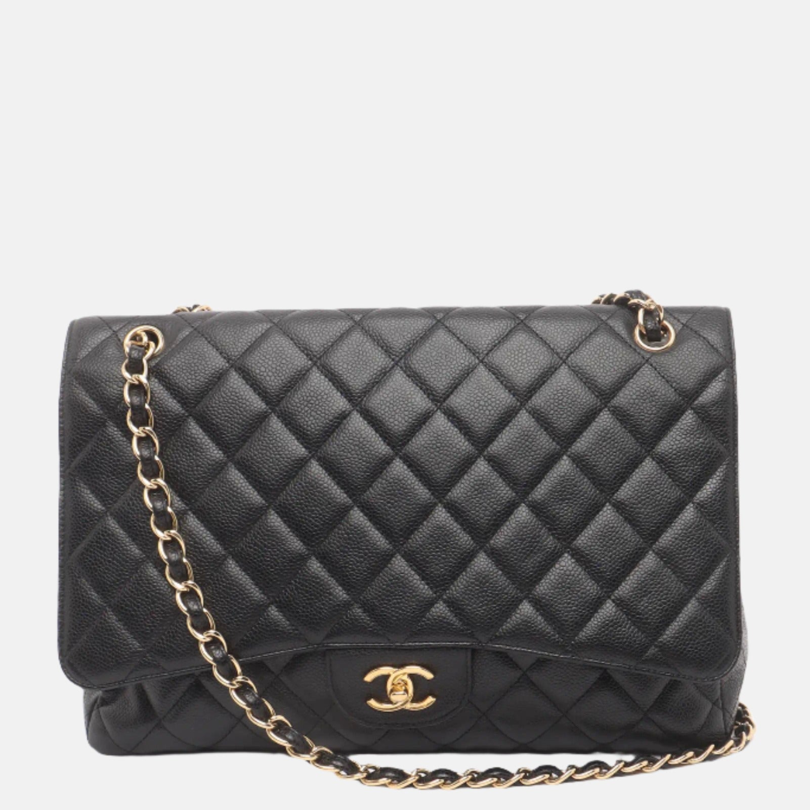 Chanel Classic Flap Maxi Caviar Single Flap Black Gold Leather Handbag Hardware 1