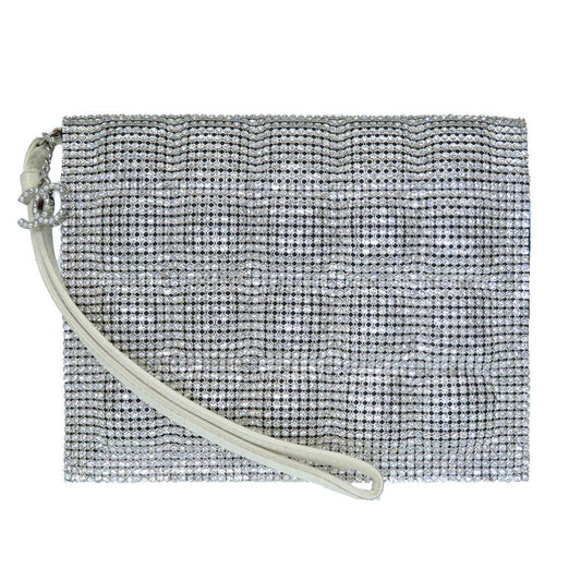 Chanel Swarovski rhinestone Silver Leather Clutch Bag