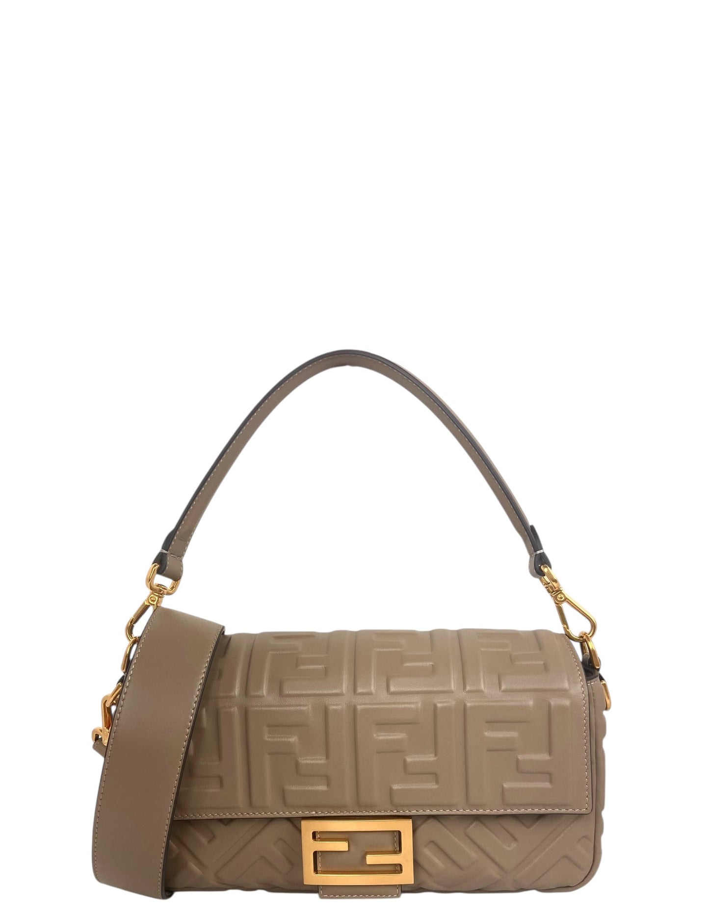 Fendi Handbag Dove Grey FF Baguette NM Leather Beige Gray Shoulder Bag