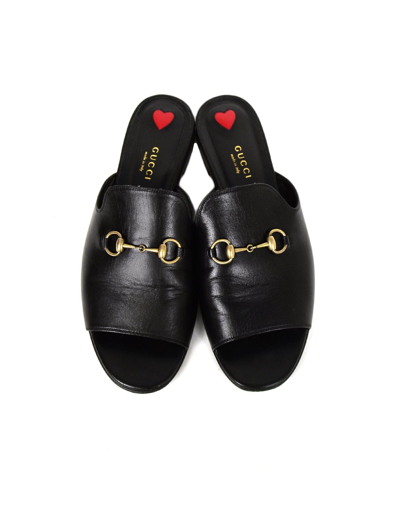 Gucci Black Leather Horsebit Peep-Toe Slides sz 39.5