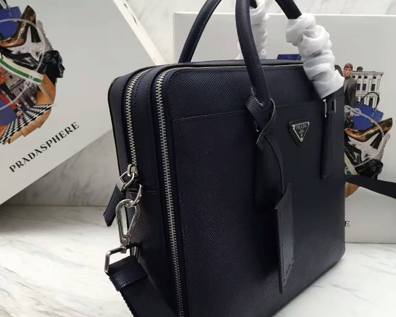 Prada Briefcase Luxury Handbag Leather Blue Navy Travel Bag