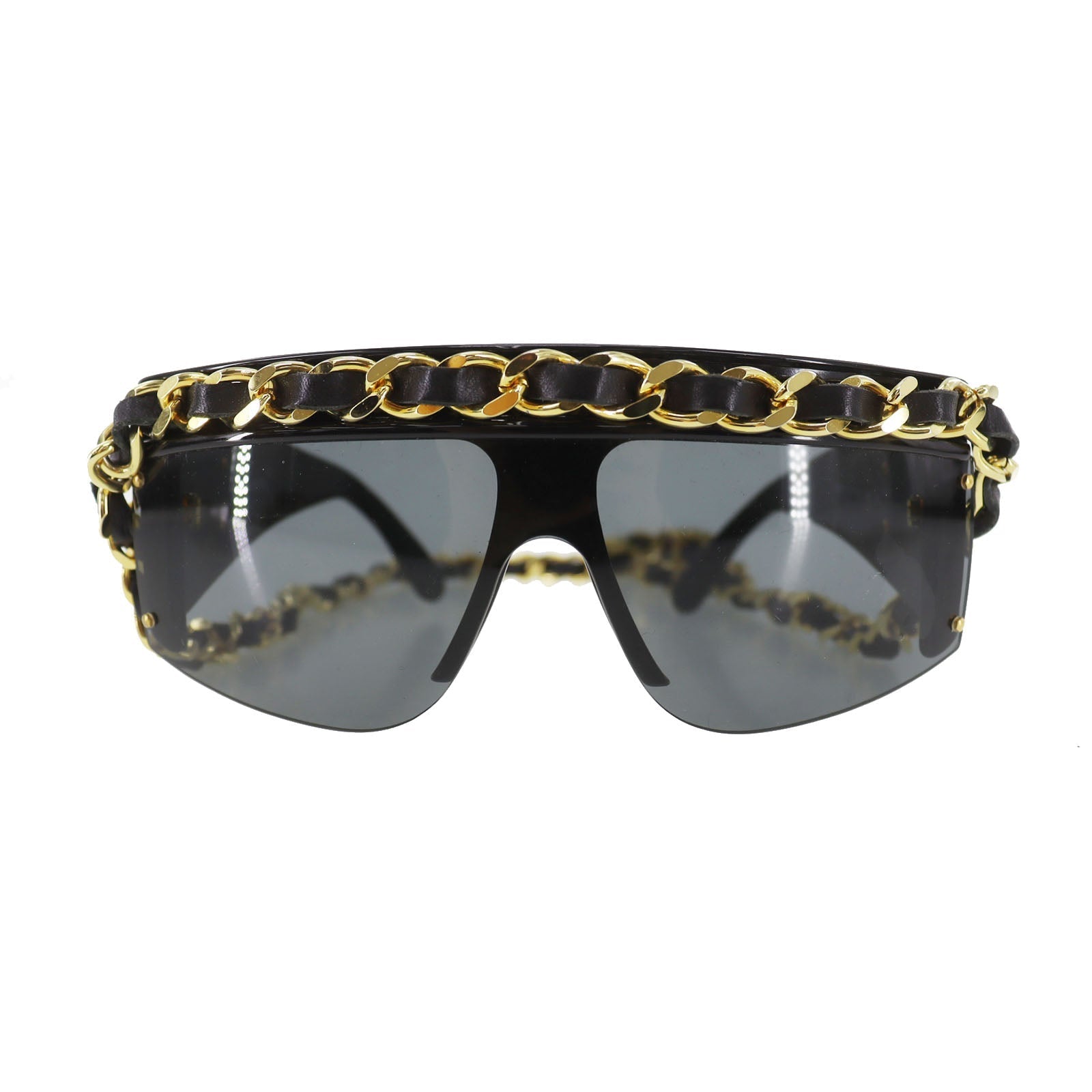 CHANEL Chain  Sunglasses Black Shield Eye Wear Italy #CU905