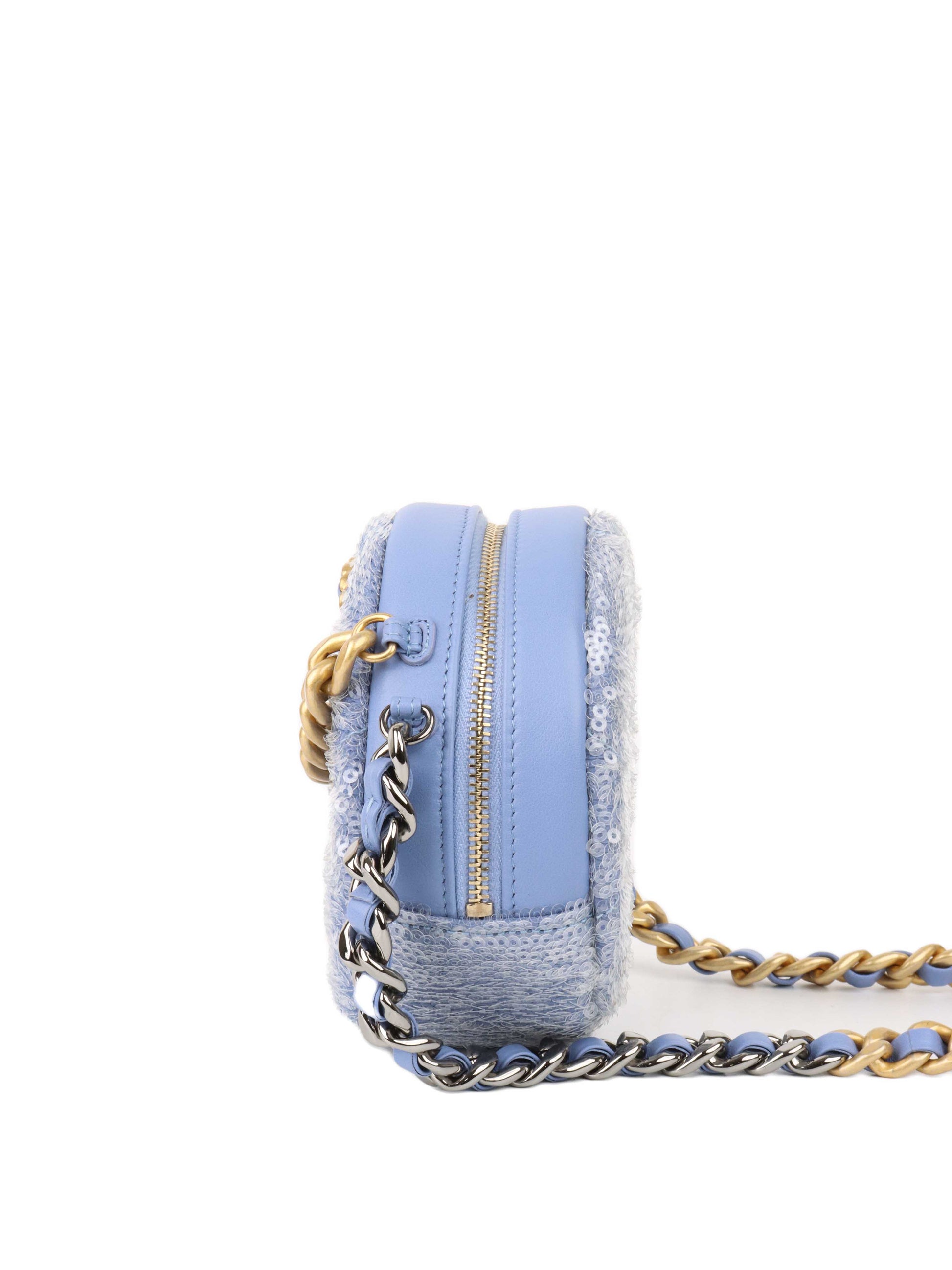 Chanel 19 Round Blue Sequinned Clutch With Chain