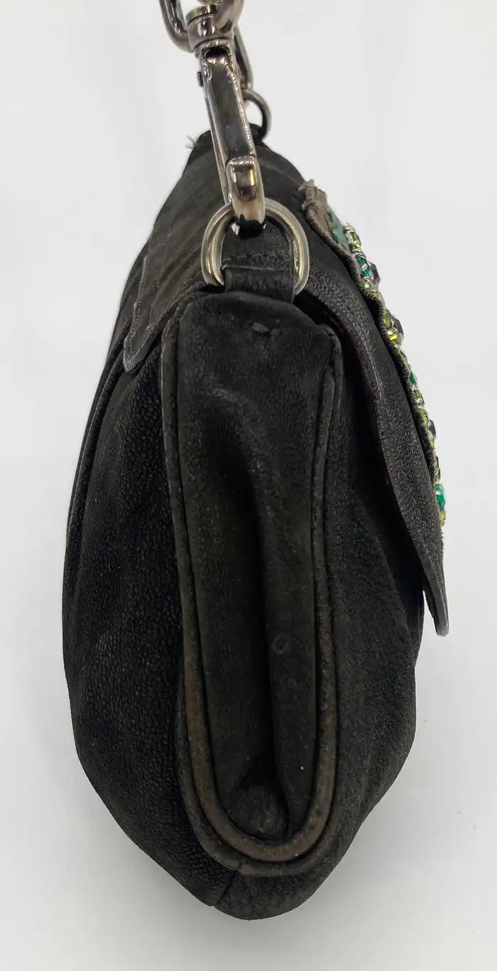 Prada Rhinestone Alligator Shoulder Bag Suede Black Flap
