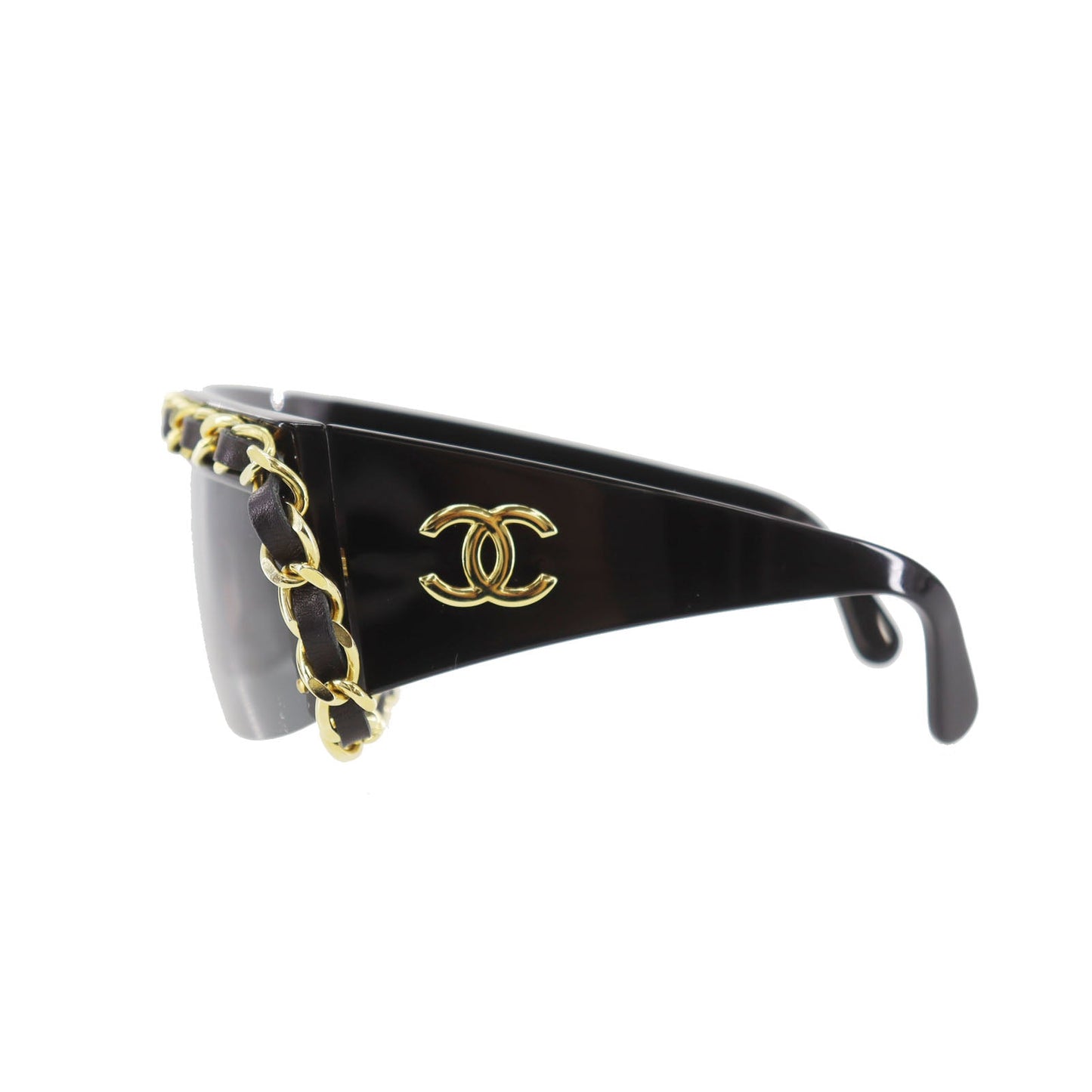 CHANEL Chain  Sunglasses Black Shield Eye Wear Italy #CW623