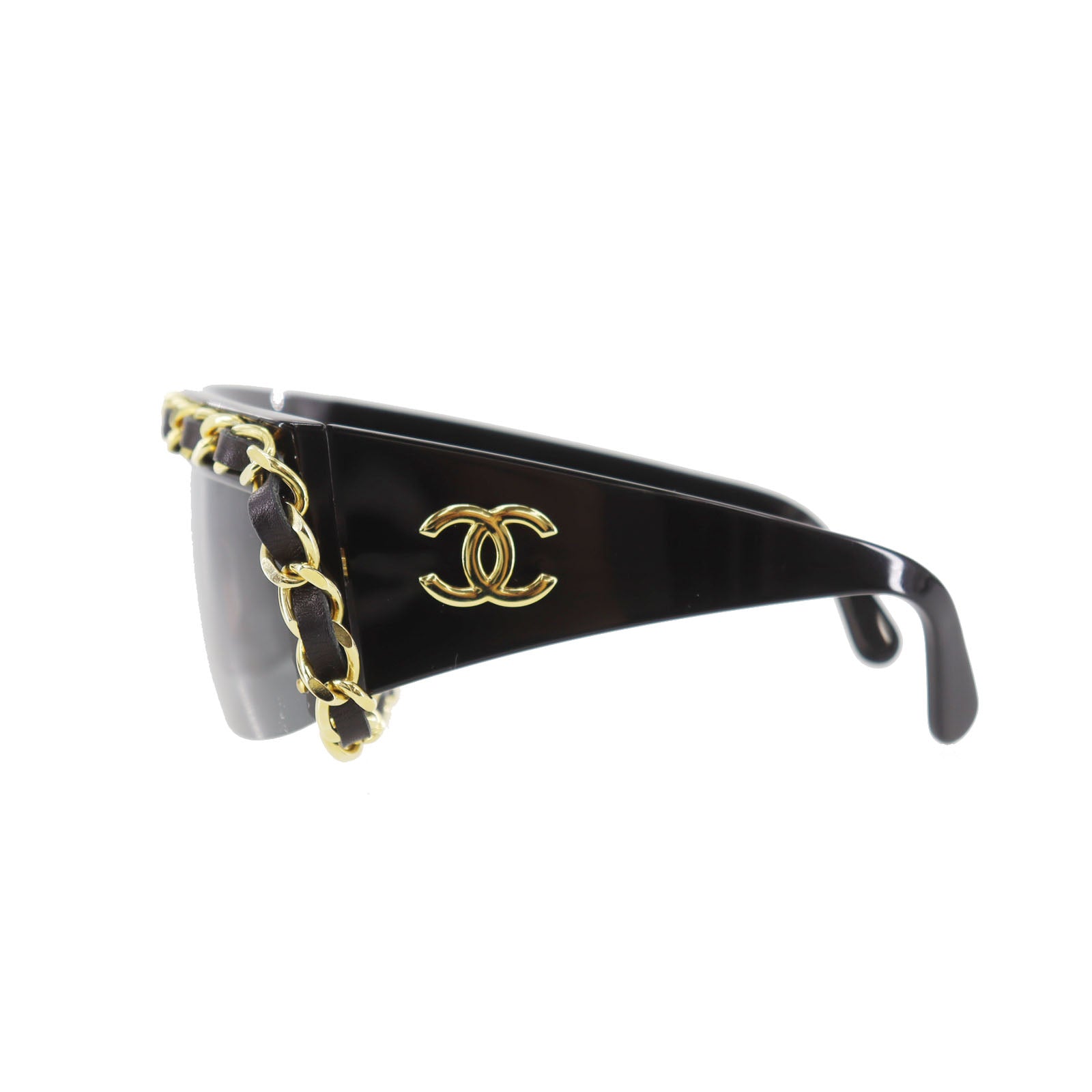 CHANEL Chain  Sunglasses Black Shield Eye Wear Italy #CW623