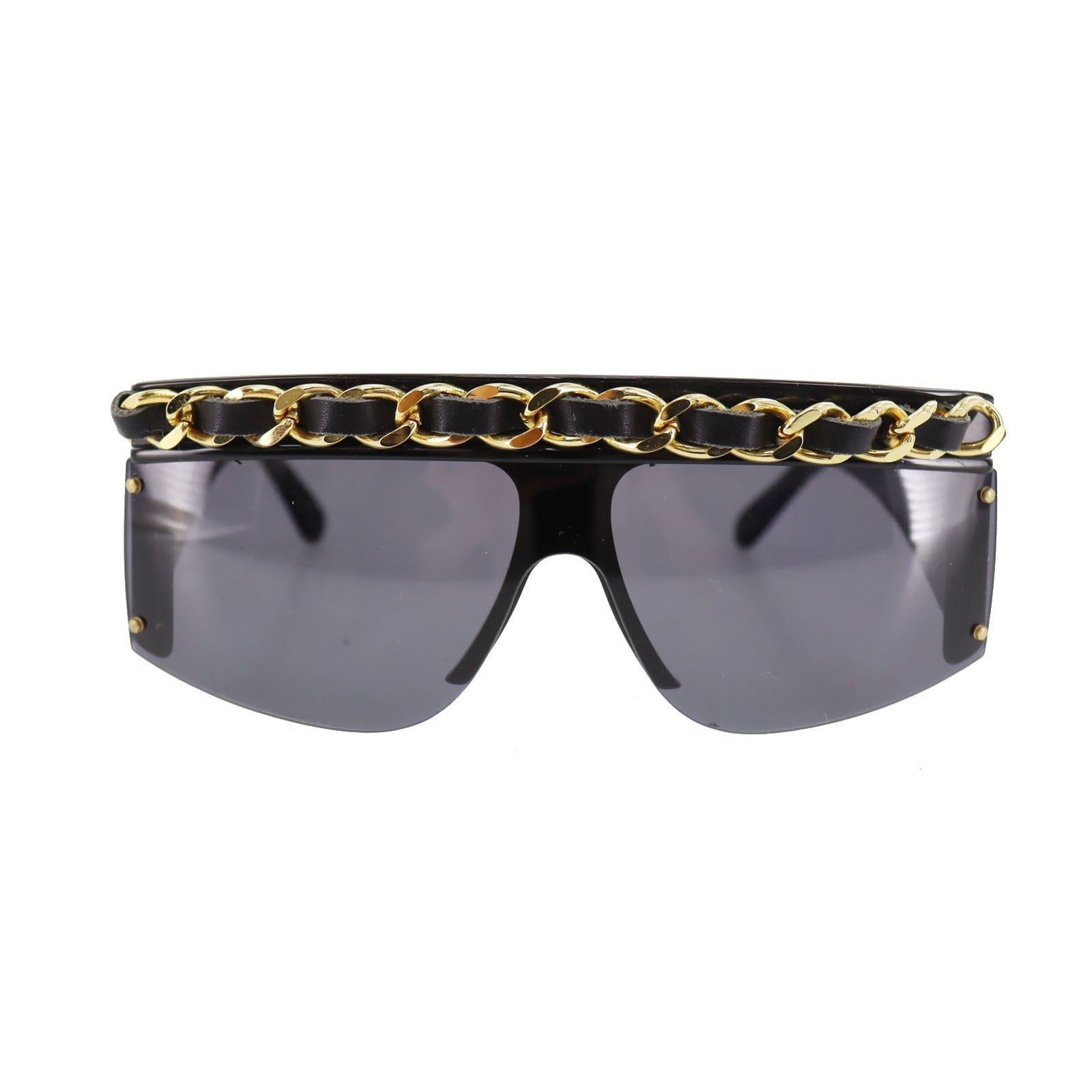 CHANEL Chain Sunglasses Black Shield Eye Wear #BZ506