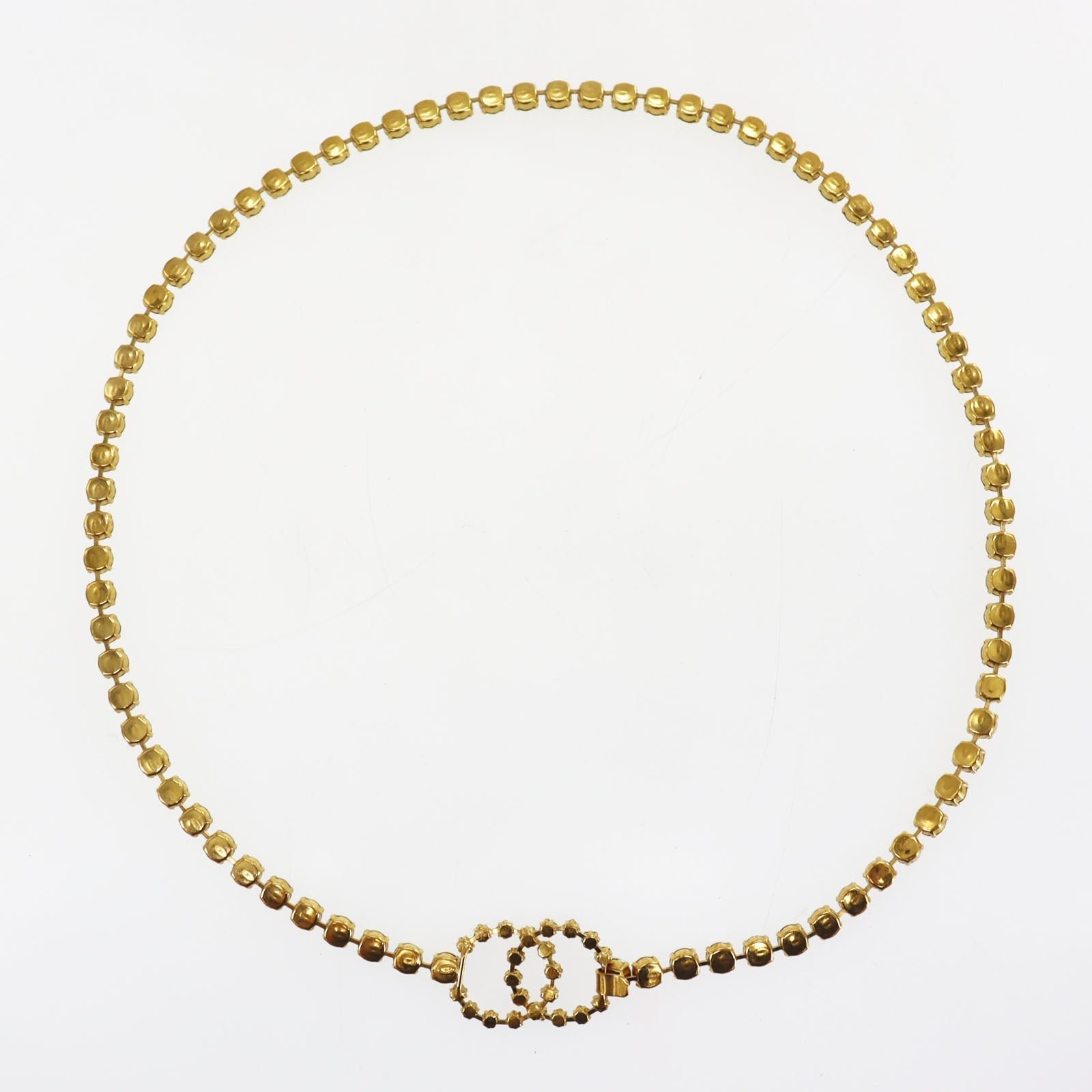 CHANEL CC Logos Rhinestone Belt Necklace Gold Plated 96P #CK417