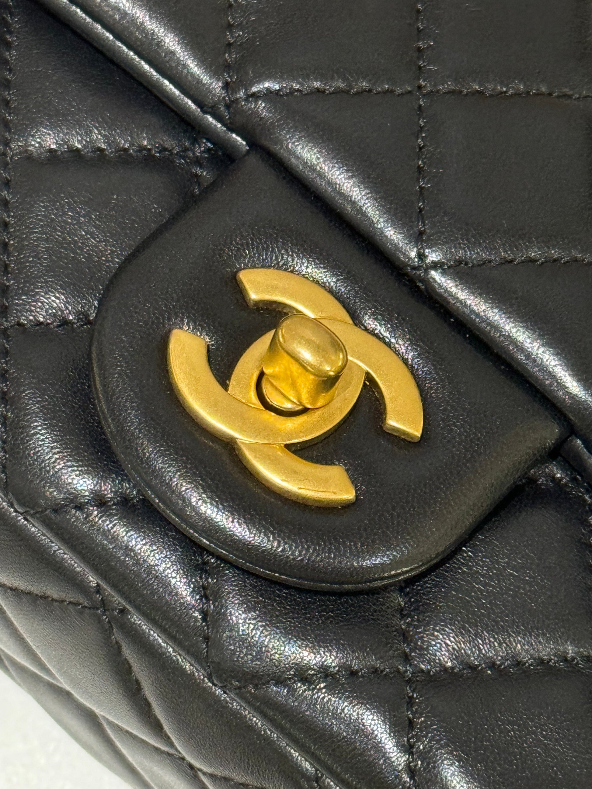 CHANEL CLASSIC FLAP MEDIUM BLACK LAMBSKIN WITH GOLD HARDWARE AND CHIP