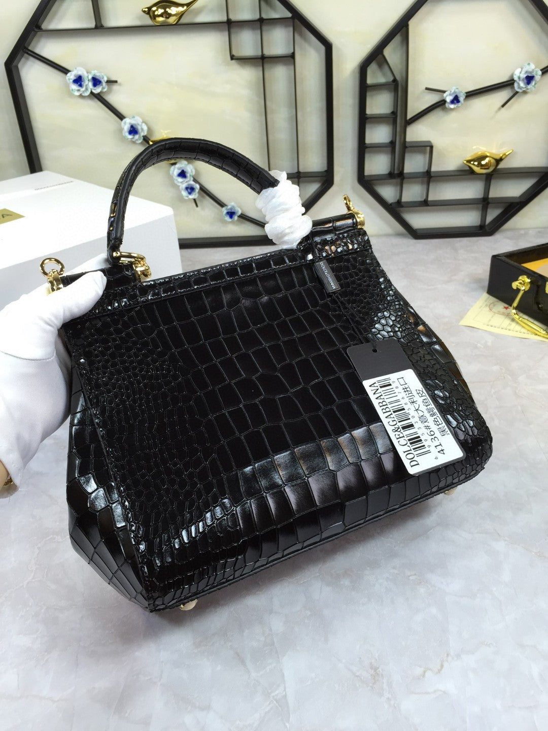Top Quality Sicily Bag In Foiled Crocodile Black Medium Travel Bag