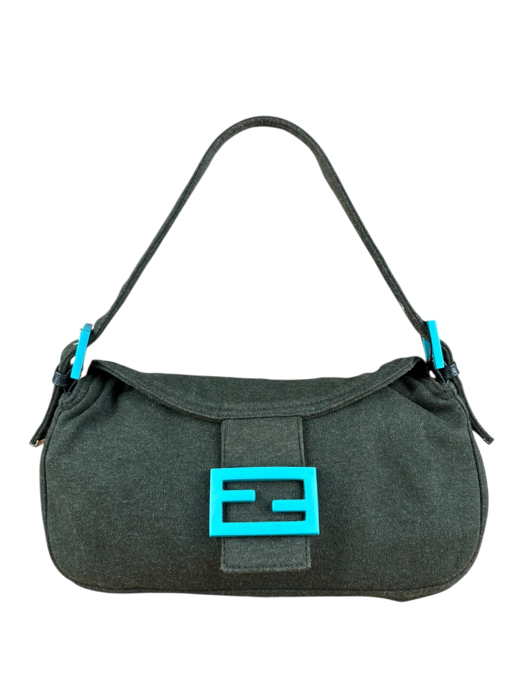Fendi Handbag FF Cotton Baguette Green Shoulder Bag