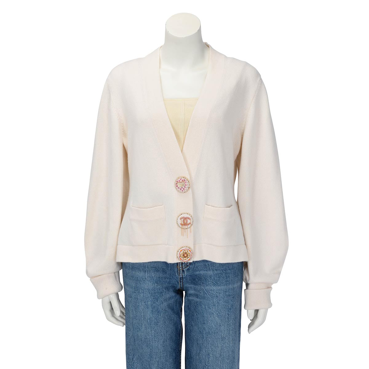 Chanel Cream Cashmere 22A Embellished Button Cardigan Fr 46 Bag