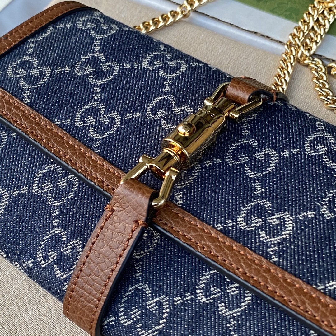 gg Jackie Wallet Dark Ivory Denim Blue Chain Travel Bag