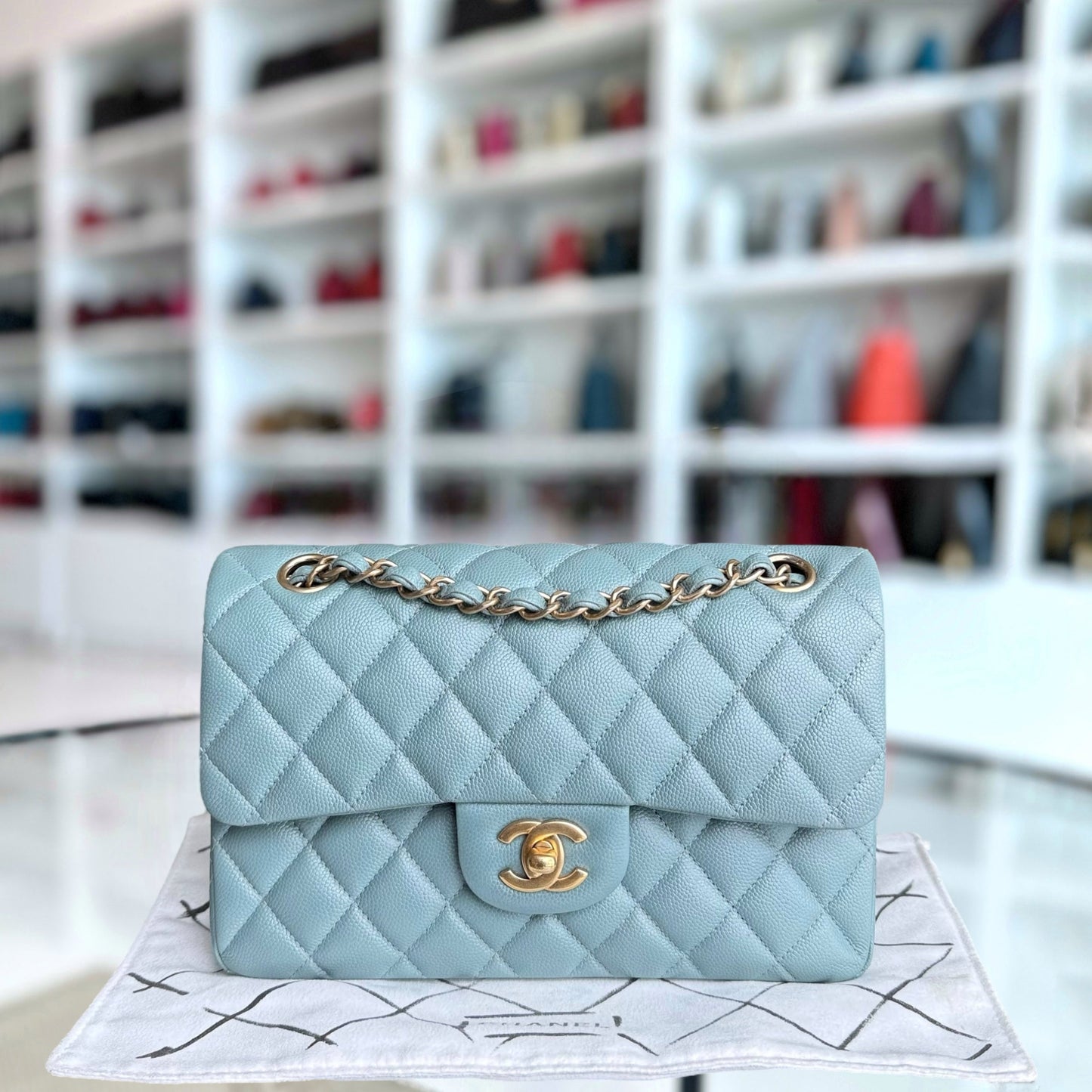 Chanel Classic Flap Small - Caviar 23CM Quilted Light Baby Blue Gold Hardware Series 25