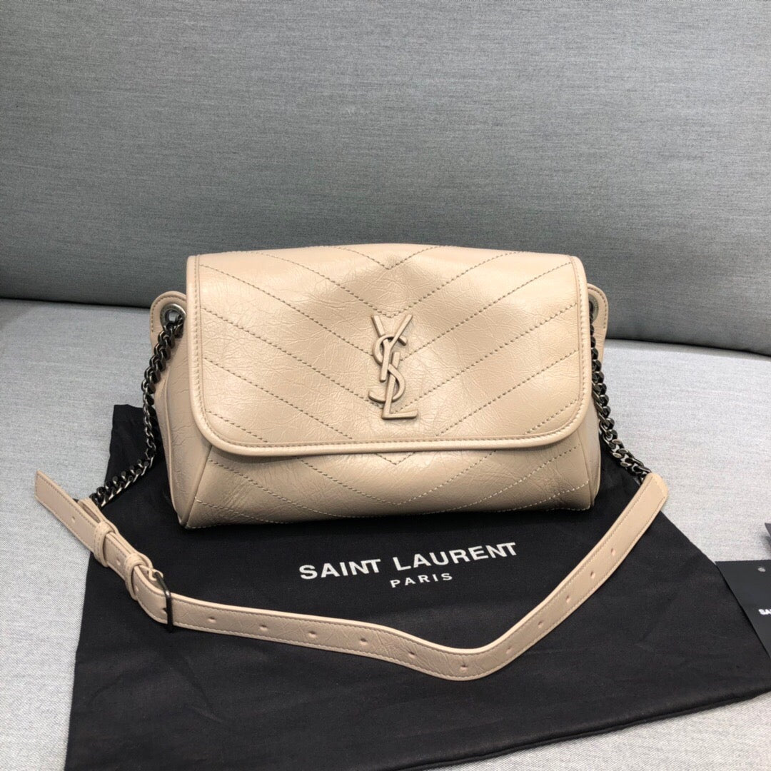 YSL Saint Laurent Niki Crinkled 11in 28cm Beige Medium Shoulder Bag
