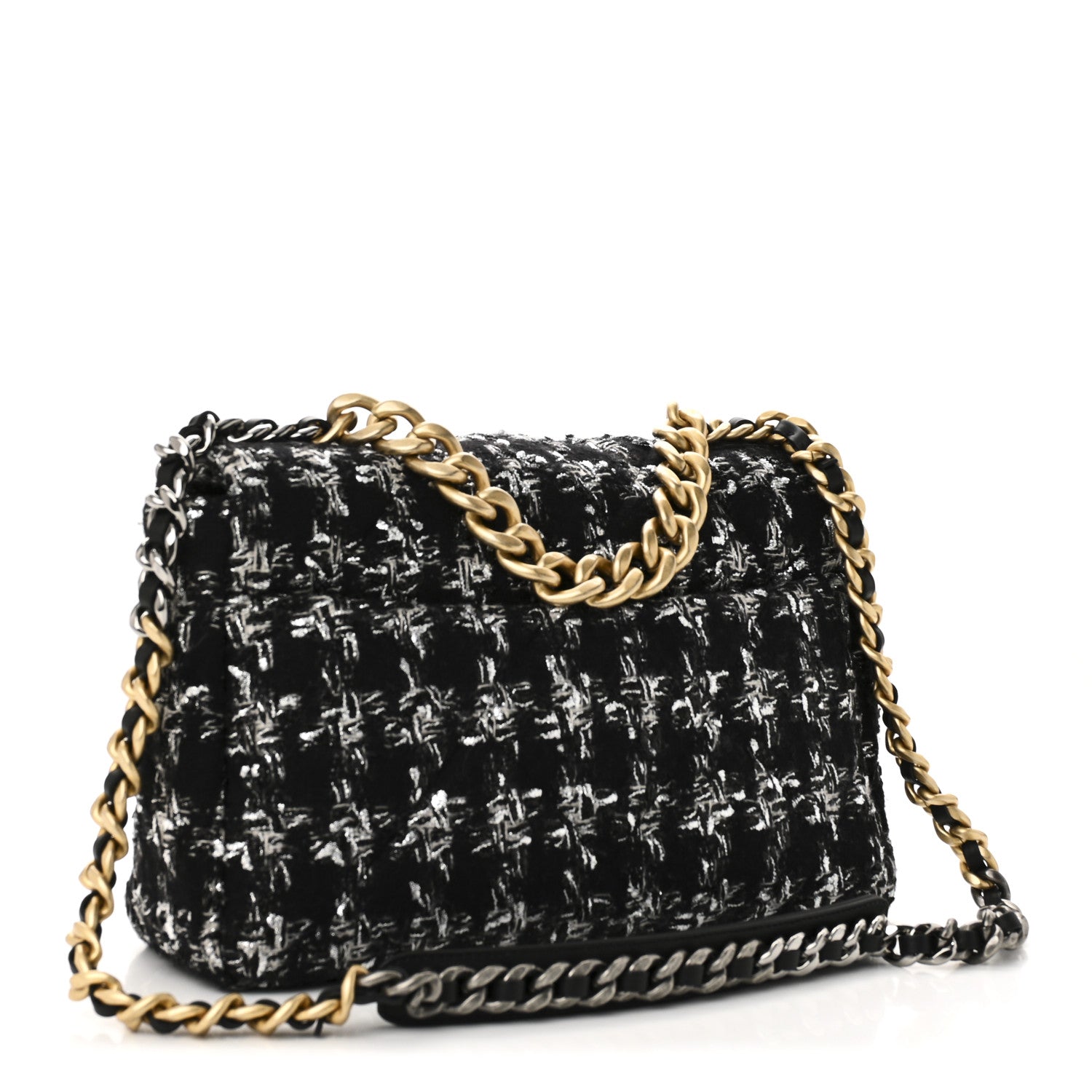 Chanel Tweed Quilted Large 19 Flap Black Silver Ecru Handbag