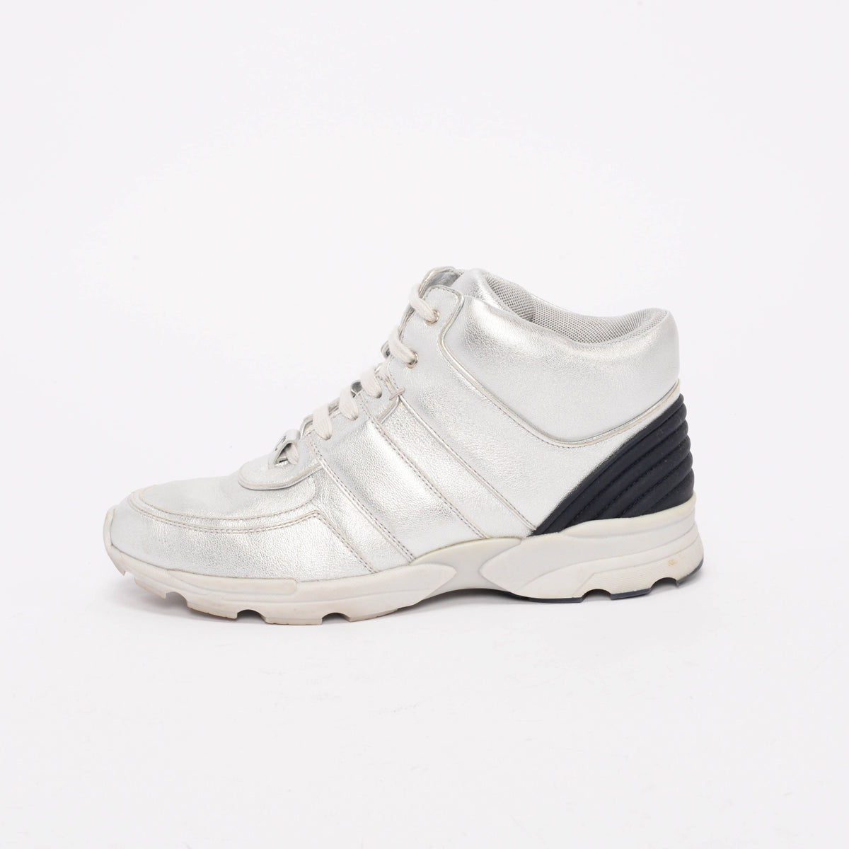 Chanel Silver Metallic Leather High Top Sneakers 39 for Women