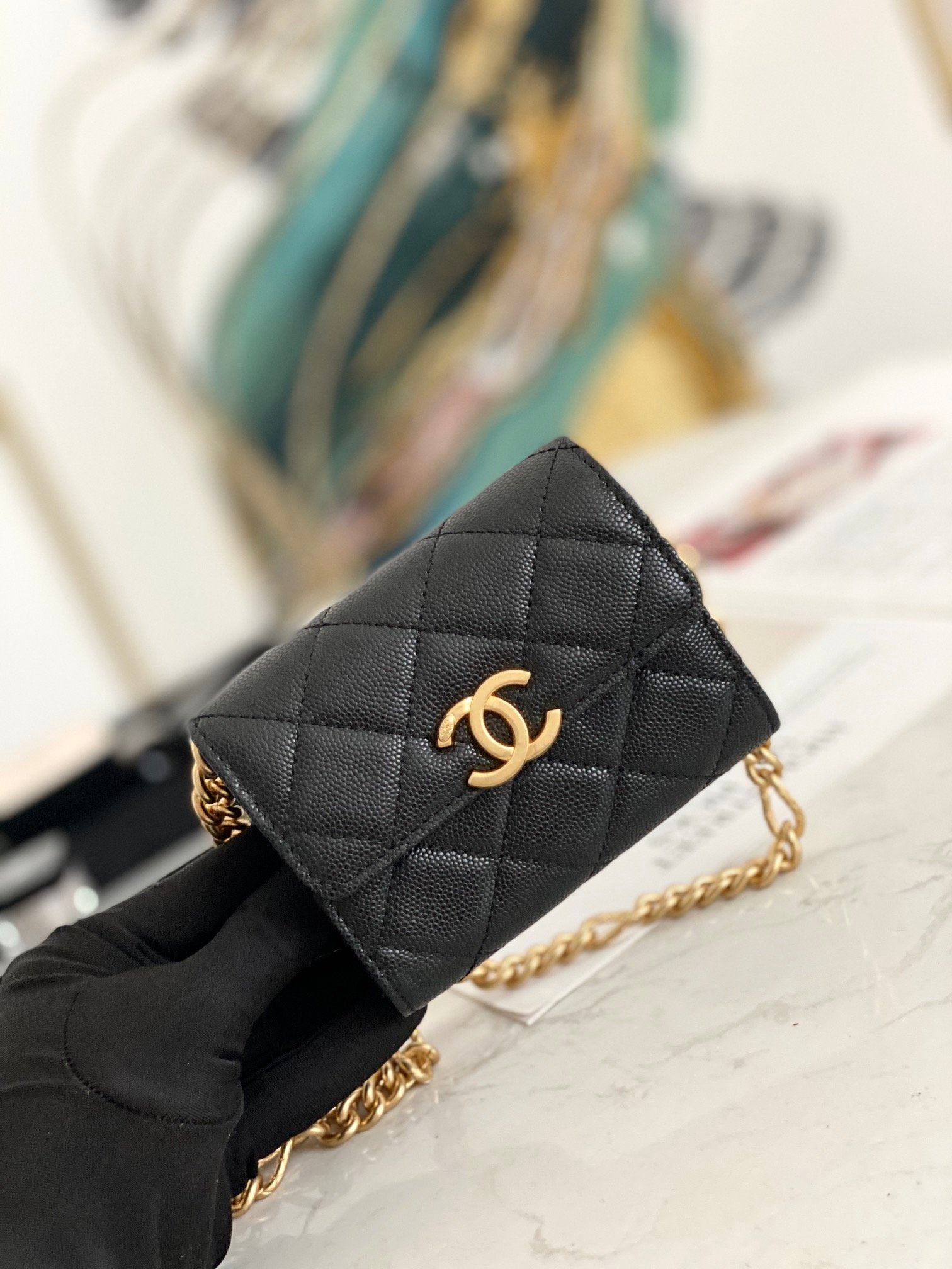 CHLMini Toned Hardware 4.7in 12cm Black Gold Flap Mini Bag