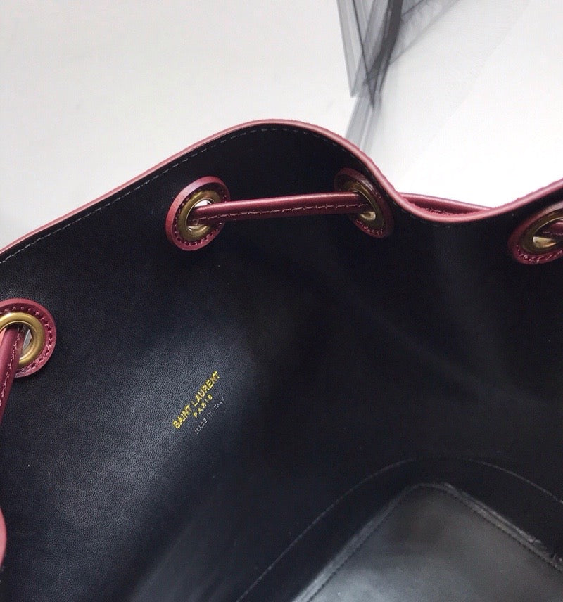 YSL Saint Laurent All-Over Burgundy 10.5in 27cm Monogram Bucket Bag