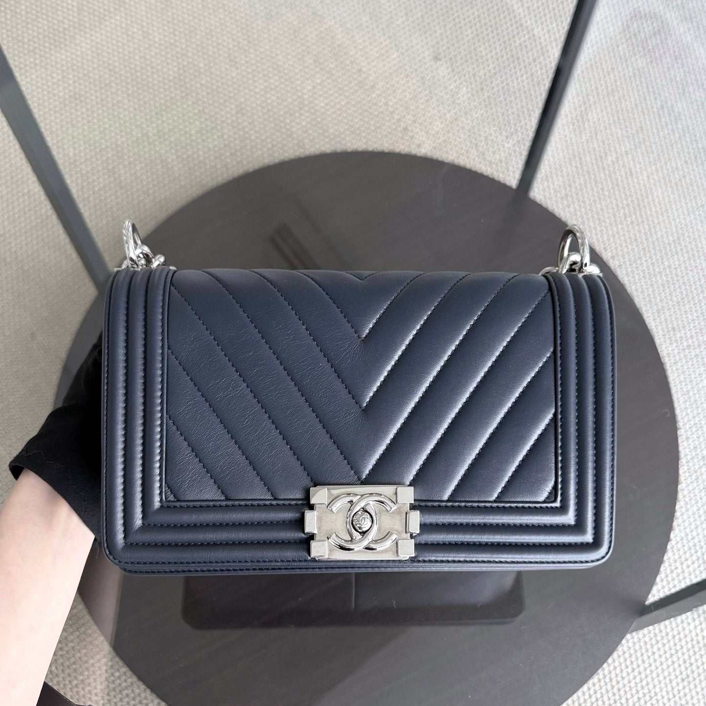 Chanel Boy Medium - 25CM Quilted Calfskin Dark Blue Silver Hardware Series 22