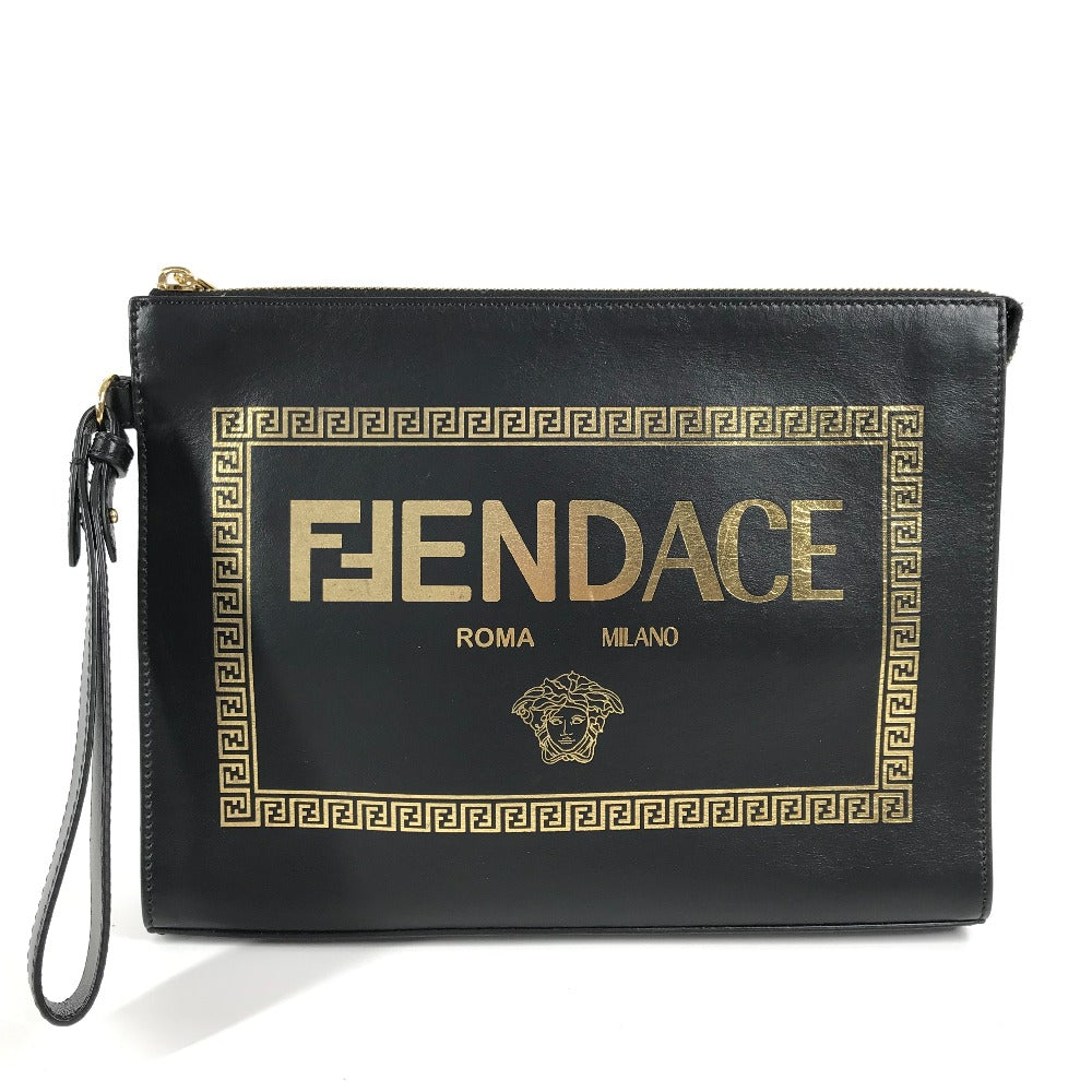 Fendi Clutch Bag Versace Versace Collaboration Fendace Fendace Women Leather Black Logo