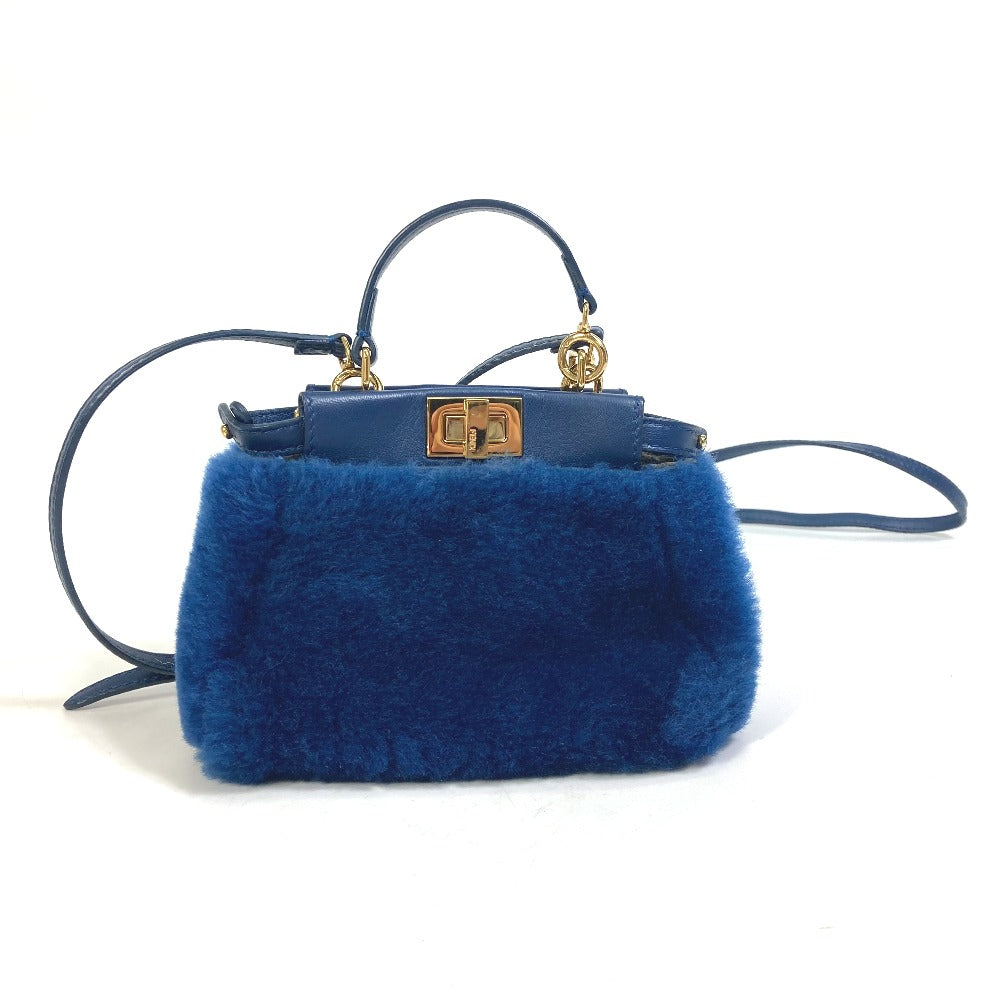Fendi Handbag Fake Fur Crossbody Peek Boo Leather Blue Micro Crossbody Bag