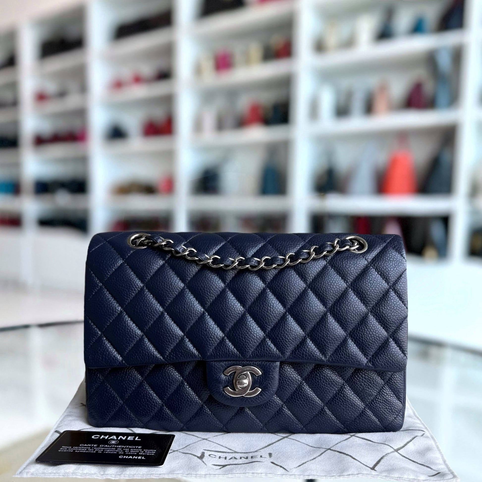 Chanel Classic Flap Medium - Caviar 25CM Quilted Dark Blue Silver Hardware Series 19