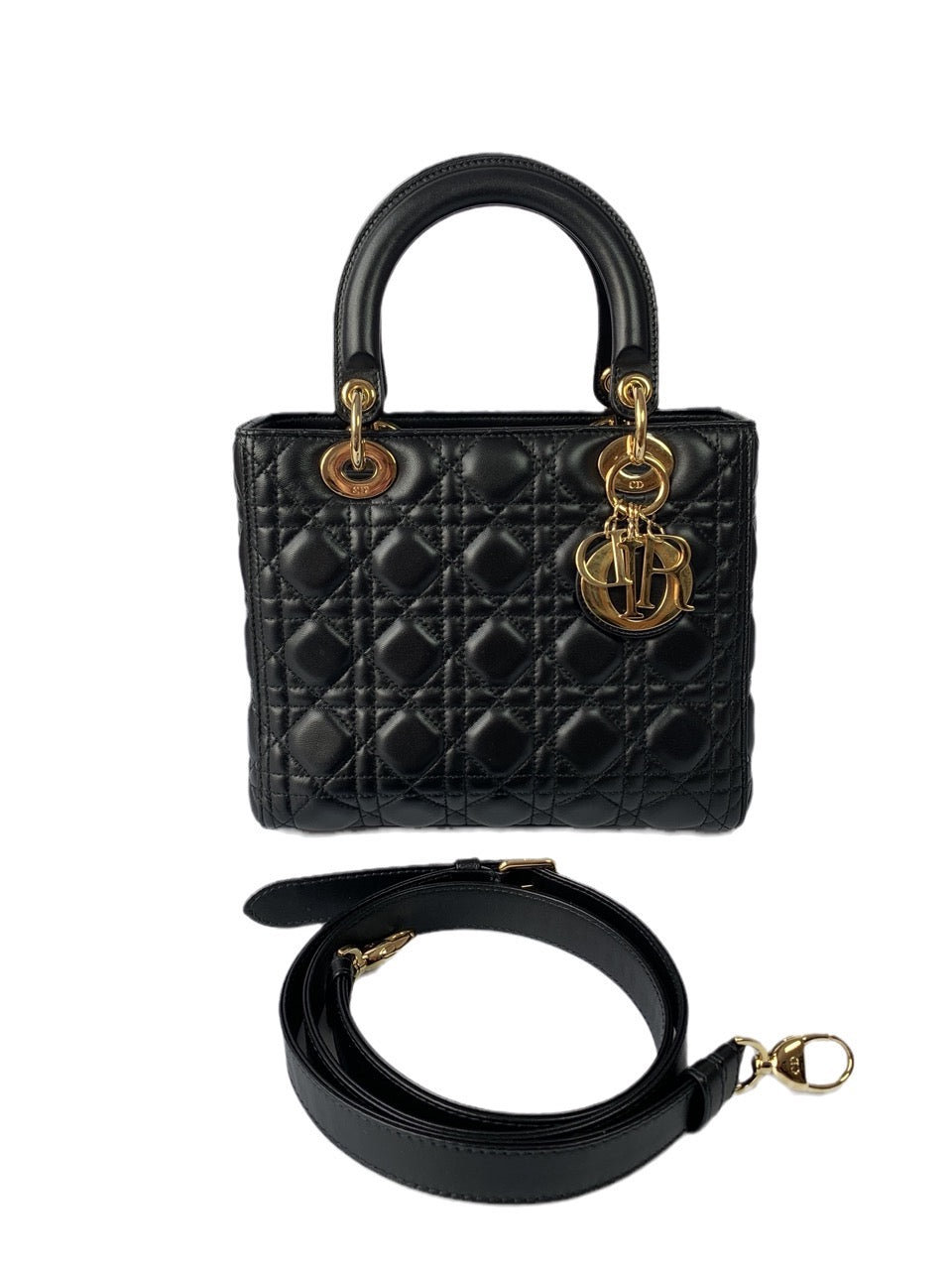 Dior Lady Medium Cannage Lambskin Hardware Handbag Leather Black Travel Bag