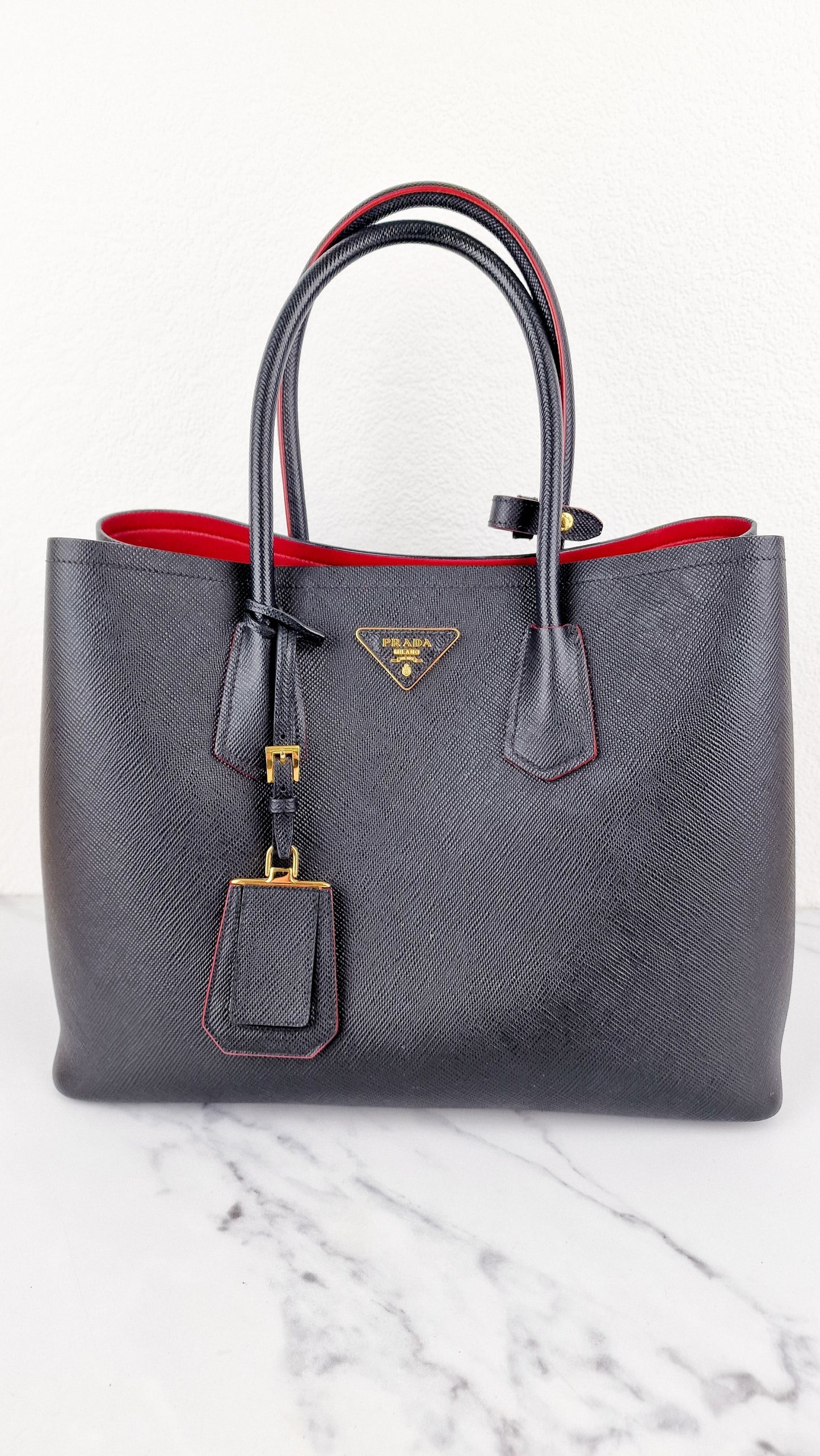 Prada Large Double Tote Cuir With Fiery Nappa Lining Leather Saffiano Black Tote Bag