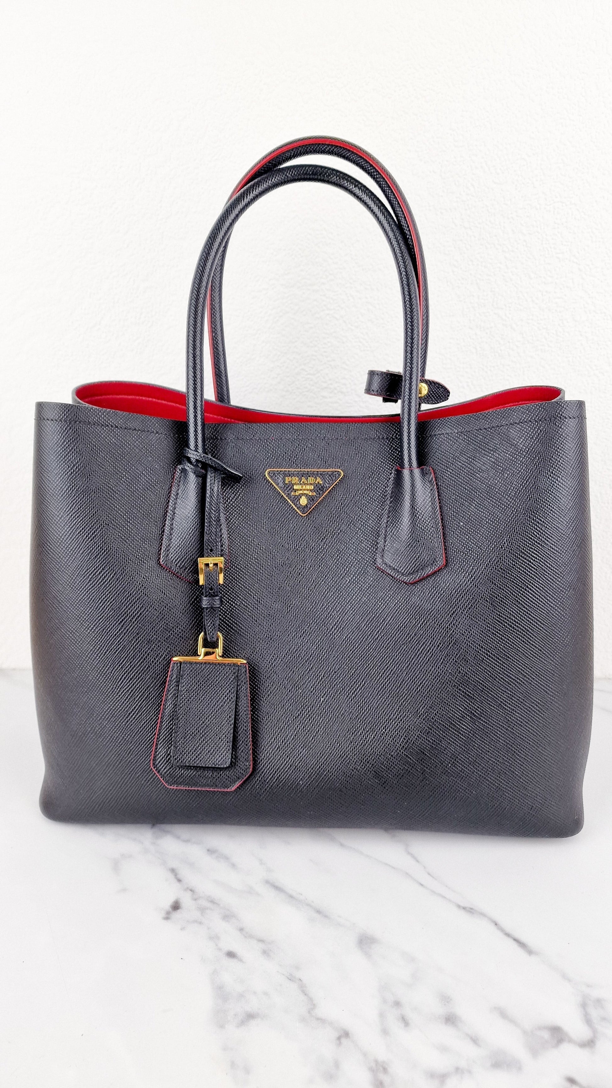 Prada Large Double Tote Cuir With Fiery Nappa Lining Leather Saffiano Black Tote Bag