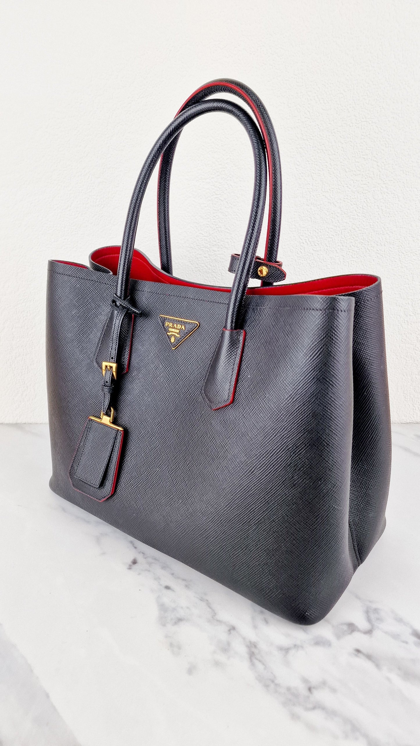 Prada Large Double Tote Cuir With Fiery Nappa Lining Leather Saffiano Black Tote Bag