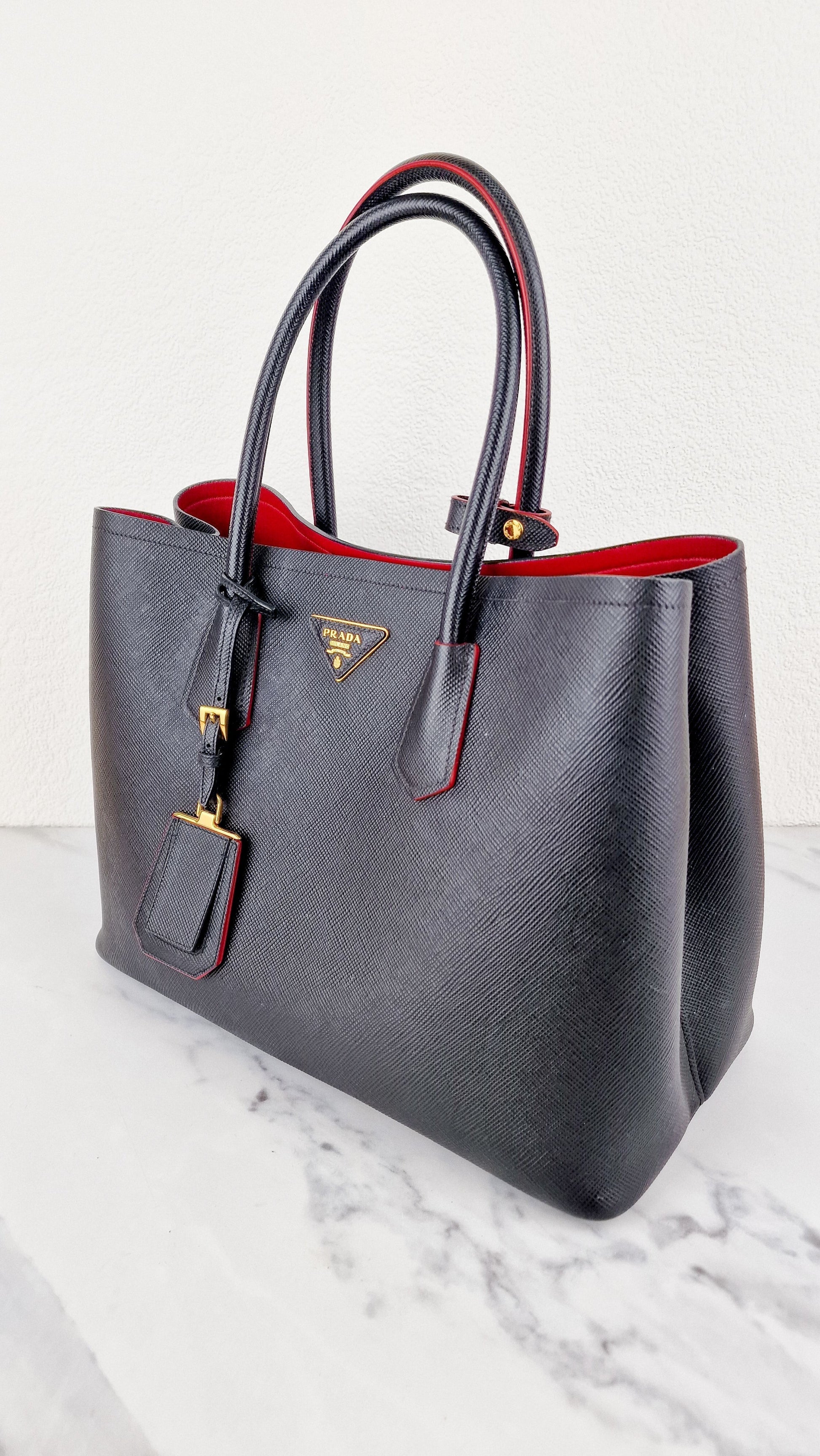 Prada Large Double Tote Cuir With Fiery Nappa Lining Leather Saffiano Black Tote Bag